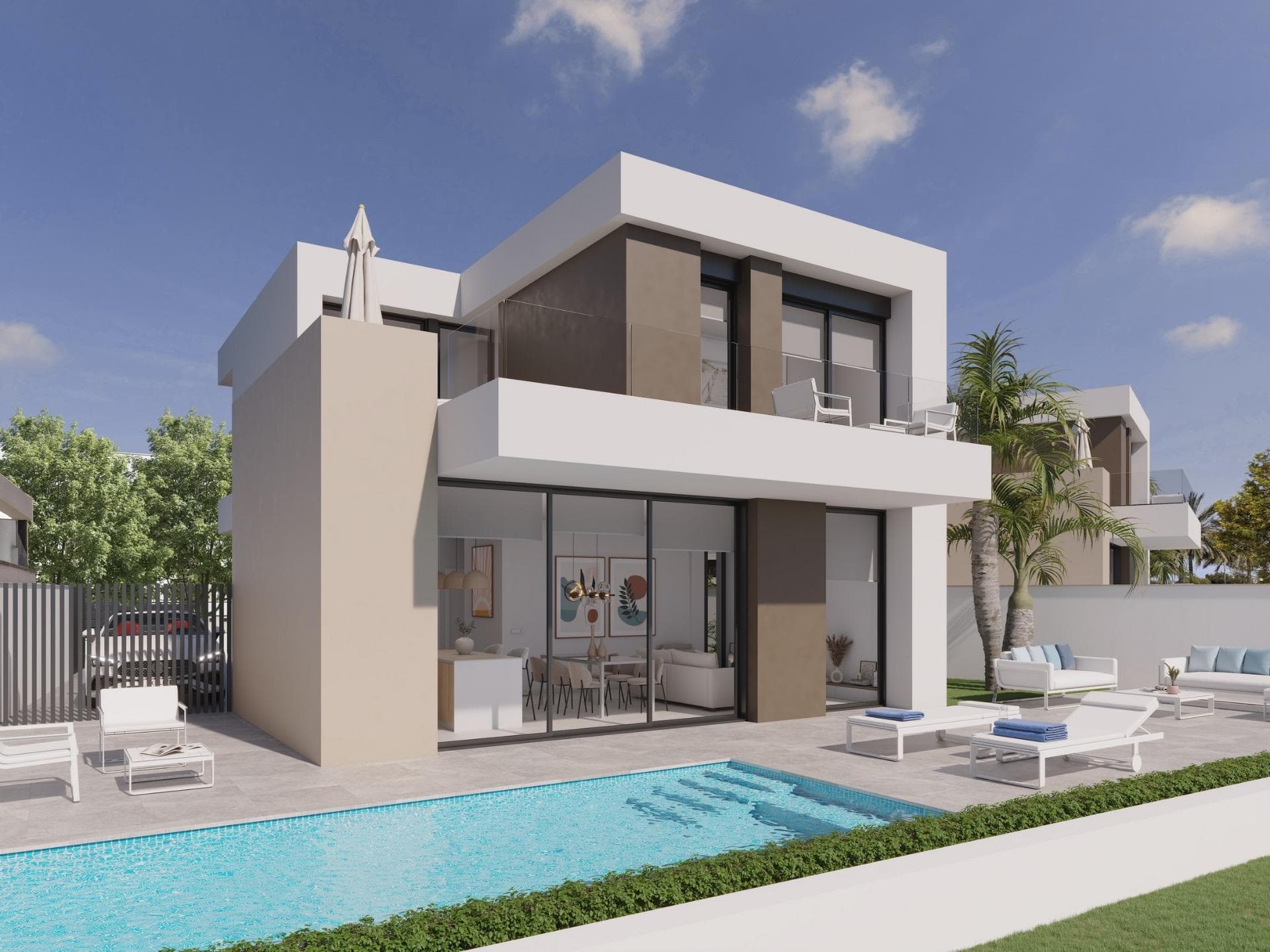 New Build Villas on the Frontline of Roda Golf with Private Pool&#13;&#13;Exclusive Golfside Living in Costa Cálida&#13;These modern frontline villas in Roda Golf (Murcia) offer the perfect blend of luxury, comfort, and Mediterranean lifestyle. Located just 3 km from the golden beaches of the Mar Menor, this residential project is ideal for golf lovers, water sports enthusiasts, and those seeking a serene yet well-connected home on the Costa Cálida. The development is surrounded by services, restaurants, shopping options, and sports facilities, ensuring convenience for everyday living.&#13;&#13;Spacious Villas with Private Pools&#13;Each villa is thoughtfully designed across two levels with a total built area of 140 m². The layout includes:&#13;3 bedrooms (2 ensuite)&#13;3 fully equipped bathrooms&#13;Bright living room with open-plan kitchen&#13;Ground floor bedroom for convenience&#13;Two bedrooms on the first floor with direct uncovered terrace access&#13;Enjoy outdoor living with a private swimming pool, spacious ground-floor terrace, and a first-floor sun terrace offering uninterrupted golf views and all-day sun. Each property also includes a private parking space on the plot and a large exterior storage room.&#13;&#13;High-Quality Features&#13;These homes are built to the highest standards, featuring:&#13;Underfloor heating in bathrooms&#13;Motorized aluminum shutters in all bedrooms&#13;Fully fitted bathrooms with furniture, mirrors, lights, and glass shower screens&#13;Modern kitchens with appliances included&#13;Pre-installation of ducted air conditioning in living room and bedrooms&#13;Solar panels with inverter for energy efficiency&#13;&#13;Prime Location in Roda Golf&#13;Situated within the prestigious Roda Golf &amp; Beach Resort, these villas are surrounded by lush fairways and Mediterranean landscapes. Distances to main points of interest:&#13;Mar Menor beaches: 3 km&#13;Dos Mares Shopping Center: 5 km&#13;Lo Pagán Marina: 6 km&#13;Roda Golf Clubhouse: Walking distance&#13;Murcia International Airport (Corvera): 35 km&#13;Alicante Airport: 85 km&#13;Cartagena city: 30 km&#13;&#13;Live the Mediterranean Lifestyle&#13;Whether as a permanent residence, a holiday retreat, or a rental investment, these villas offer the perfect combination of elegance, functionality, and location.&#13;&#13;Contact us today to schedule a visit and secure your frontline villa at Roda Golf. Your dream home on the Costa Cálida awaits!&#13;
