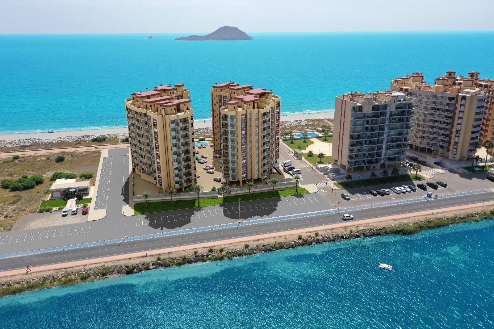 NEW BUILD RESIDENTIAL COMPLEX IN LA MANGA &#13;&#13;New Build residential complex is located in a unique and special place, between two seas, in a privileged location and with all the services you may need at your fingertips in the Region of Murcia, beautiful coastline with the beaches of transparent and shallow waters.&#13;At this residential complex apartments have been designed to make the most of every last corner of the property, as well as the&#13;the choice of materials and the design of the homes.&#13;Live a world of sensations and pleasurable moments with all the&#13;services and activities that you desire at your fingertips.&#13;&#13;Installations - Air conditioning:&#13;Air conditioning system by ducts, for hot and cold, throughout the house (except in distributors and bathrooms) and operated by central console.&#13;&#13;Electrical appliances:&#13;Stainless steel oven.&#13;Black ceramic hob with three burners.&#13;Stainless steel refrigerator.&#13;Extractor hood integrated in furniture.&#13;Integrated dishwasher.&#13;&#13;Common areas:&#13;Access to the building via white PVC door and double glazing with air chamber.&#13;Entrance halls and stair treads specially decorated with national marble.&#13;White thermo-lacquered aluminium handrail on interior staircases.&#13;Lighting by presence detection in basement and interior common areas.&#13;White motorised sectional garage access door. &#13;Stainless steel urbanisation railings.&#13;Video door entry system.&#13;Satellite dish with European channels.&#13;Swimming pool with landscaped solarium.&#13;&#13;La Manga del Mar Menor is a natural strip of land surrounded by two seas, the Mar Menor and the Mediterranean Sea. To this rarity you can add the multiple leisure and free time options, restaurants, supermarkets, medical censers, pharmacies, nautical sports censers, golf courses.&#13;La Manga is located on the north coast of the Costa Calida and is a popular holiday destination for tourists. The narrow land strip separating the warm lagoon and the colder sea has a unique microclimate. It's one of the most exotic areas in Spain.&#13;Corvera airport is about 1 hour drive away and Alicante airport about 2 hours away.&#13;