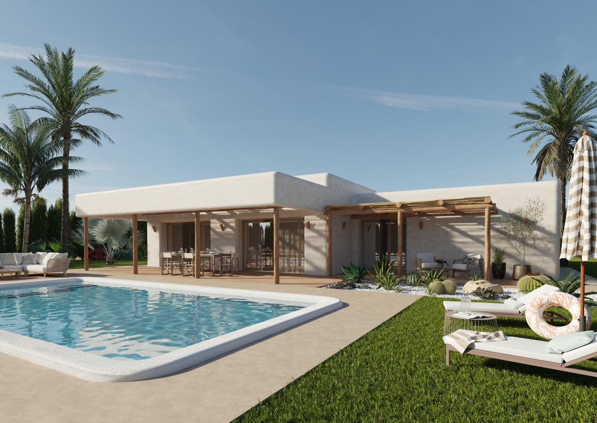 Newly built villas on spacious rural plots in Pinoso, Alicante&#13;&#13;Quiet Mediterranean living in the heart of nature&#13;Discover this exclusive project of newly built villas in Pinoso, a charming town in the interior of the province of Alicante known for its traditional Spanish character, beautiful mountainous landscapes and peaceful surroundings. Perfect for those seeking privacy and space, these villas are built on rustic plots of over 10,000 m² and offer the perfect combination of modern comfort and country living, just 45 km from the coast.&#13;&#13;Customisable villas with multiple layout options&#13;Choose from several villa models with 2, 3 or 4 bedrooms and 2 bathrooms (one of them en suite), all designed on a single floor for maximum comfort. The final price is calculated based on the chosen design, the construction system (slab or structure) and the selected plot. For this advertisement, a plot priced at €60,000 has been considered. If another plot is chosen, the difference will be paid or charged depending on the price of the plot.&#13;&#13;Each villa has a spacious open-plan kitchen and living room, fitted wardrobes and high-quality finishes throughout. Large windows fill the homes with natural light and provide a seamless integration between indoor and outdoor spaces.&#13;&#13;Exceptional outdoor spaces with private swimming pool&#13;Each property is located in a fenced area of approximately 2,500 m² within a 10,000 m² rustic plot, ensuring great privacy and space. The villas include an 8 x 4 m private swimming pool, a porch, a storage room and private outdoor parking.&#13;&#13;Enjoy the peaceful views of the surrounding countryside and mountains while relaxing in your pool or entertaining guests in your spacious garden.&#13;&#13;High-quality construction and modern features&#13;Built under a self-build scheme with delivery approximately 12 months after planning permission is granted, each villa is equipped with top-of-the-range specifications, including:&#13;Armoured entrance door and motorised gate for vehicles&#13;Motorised blinds in the bedrooms&#13;Fully fitted kitchen&#13;Bathrooms with furniture, mirrors and shower screens&#13;Pre-installation for ducted air conditioning&#13;Aerothermal hot water system&#13;&#13;Prime location close to key destinations&#13;Pinoso offers all essential amenities, including shops, restaurants, schools and healthcare services, while maintaining a relaxed and authentically Spanish atmosphere. It is surrounded by natural parks, vineyards and hiking trails, ideal for outdoor enthusiasts.&#13;&#13;Key distances:&#13;Elche: 33 km&#13;Costa Blanca beaches: 45 km&#13;Alicante Airport: 45 km&#13;&#13;Your perfect rural retreat in Alicante&#13;These newly built villas in Pinoso combine the tranquillity of rural life with the comfort of modern design, making them ideal for permanent living, holidays or as an investment.&#13;&#13;Contact us today for more information or to start designing your dream home in Pinoso.&#13;