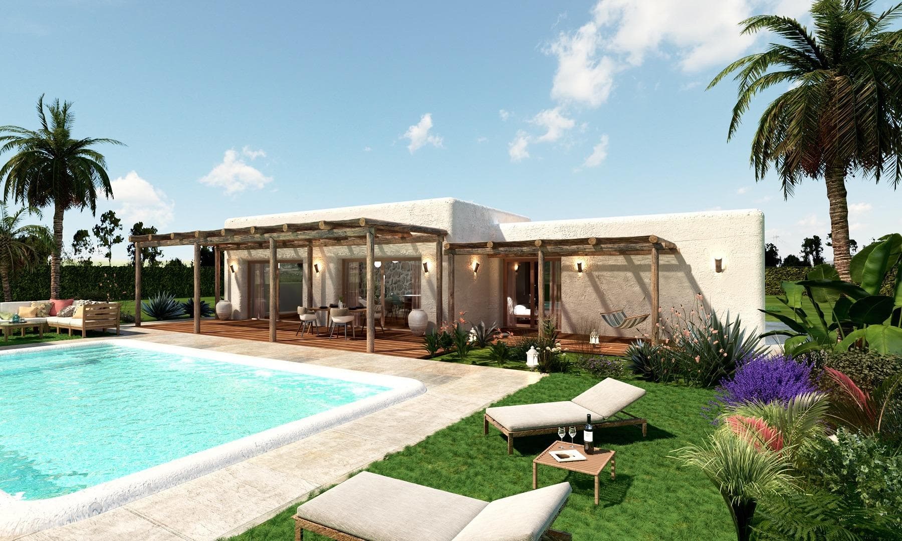 Newly built villas on spacious rural plots in Pinoso, Alicante&#13;&#13;Quiet Mediterranean living in the heart of nature&#13;Discover this exclusive project of newly built villas in Pinoso, a charming town in the interior of the province of Alicante known for its traditional Spanish character, beautiful mountainous landscapes and peaceful surroundings. Perfect for those seeking privacy and space, these villas are built on rustic plots of over 10,000 m² and offer the perfect combination of modern comfort and country living, just 45 km from the coast.&#13;&#13;Customisable villas with multiple layout options&#13;Choose from several villa models with 2, 3 or 4 bedrooms and 2 bathrooms (one of them en suite), all designed on a single floor for maximum comfort. The final price is calculated based on the chosen design, the construction system (slab or structure) and the selected plot. For this advertisement, a plot priced at €60,000 has been considered. If another plot is chosen, the difference will be paid or charged depending on the price of the plot.&#13;&#13;Each villa has a spacious open-plan kitchen and living room, fitted wardrobes and high-quality finishes throughout. Large windows fill the homes with natural light and provide a seamless integration between indoor and outdoor spaces.&#13;&#13;Exceptional outdoor spaces with private swimming pool&#13;Each property is located in a fenced area of approximately 2,500 m² within a 10,000 m² rustic plot, ensuring great privacy and space. The villas include an 8 x 4 m private swimming pool, a porch, a storage room and private outdoor parking.&#13;&#13;Enjoy the peaceful views of the surrounding countryside and mountains while relaxing in your pool or entertaining guests in your spacious garden.&#13;&#13;High-quality construction and modern features&#13;Built under a self-build scheme with delivery approximately 12 months after planning permission is granted, each villa is equipped with top-of-the-range specifications, including:&#13;Armoured entrance door and motorised gate for vehicles&#13;Motorised blinds in the bedrooms&#13;Fully fitted kitchen&#13;Bathrooms with furniture, mirrors and shower screens&#13;Pre-installation for ducted air conditioning&#13;Aerothermal hot water system&#13;&#13;Prime location close to key destinations&#13;Pinoso offers all essential amenities, including shops, restaurants, schools and healthcare services, while maintaining a relaxed and authentically Spanish atmosphere. It is surrounded by natural parks, vineyards and hiking trails, ideal for outdoor enthusiasts.&#13;&#13;Key distances:&#13;Elche: 33 km&#13;Costa Blanca beaches: 45 km&#13;Alicante Airport: 45 km&#13;&#13;Your perfect rural retreat in Alicante&#13;These newly built villas in Pinoso combine the tranquillity of rural life with the comfort of modern design, making them ideal for permanent living, holidays or as an investment.&#13;&#13;Contact us today for more information or to start designing your dream home in Pinoso.&#13;