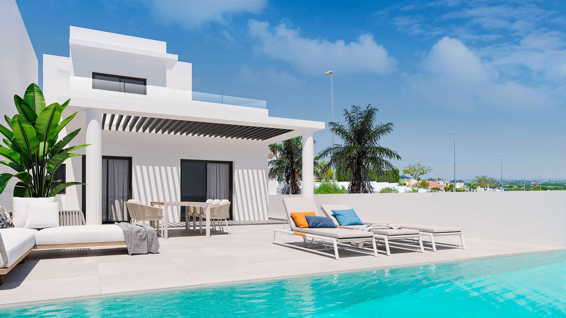Villa de lujo contemporánea con vistas abiertas en Ciudad Quesada, Costa Blanca&#13;&#13;Diseño moderno y amplios espacios&#13;Descubra esta elegante villa moderna en Ciudad Quesada, una propiedad elegante y espaciosa diseñada para combinar lujo, comodidad y sostenibilidad. Con una superficie total de 245 m² distribuidos en tres niveles, esta villa en esquina ofrece un equilibrio perfecto entre la arquitectura contemporánea y el encanto mediterráneo.&#13;&#13;Distribución funcional con un confort excepcional&#13;La planta baja le da la bienvenida con una luminosa sala de estar y comedor de planta abierta, perfectamente conectada con la soleada terraza y una gran piscina privada de 4x10 m, ideal para recibir invitados o simplemente disfrutar del tranquilo entorno.&#13;La villa cuenta con 4 dormitorios y 3 baños, además de un aseo adicional para invitados. La suite principal ocupa toda la primera planta, ofreciendo total privacidad, un espacioso cuarto de baño en suite y una terraza privada abierta con vistas panorámicas del paisaje circundante.&#13;En la planta baja encontrará tres dormitorios, un acogedor segundo salón (que puede convertirse en un quinto dormitorio), un lavadero y un garaje cerrado.&#13;Cada espacio está diseñado para maximizar la luz natural, la privacidad y la funcionalidad, creando un hogar que se adapta perfectamente a su estilo de vida.&#13;&#13;Acabados de primera calidad y eficiencia energética&#13;Construida con los más altos estándares, esta villa incluye materiales de alta calidad y características sostenibles para el máximo confort:&#13;Cocina totalmente equipada con electrodomésticos integrados&#13;Baños con muebles, mamparas de ducha y toalleros eléctricos&#13;Aire acondicionado por conductos, totalmente instalado&#13;Paneles solares fotovoltaicos para mejorar la eficiencia energética&#13;Persianas eléctricas en el salón y los dormitorios&#13;Puerta de entrada blindada para mayor seguridad&#13;&#13;Ubicación privilegiada en Ciudad Quesada&#13;Situada en una de las zonas residenciales más exclusivas y tranquilas de la Costa Blanca, esta villa está rodeada de naturaleza y comodidades. El campo de golf La Marquesa está a solo 1 km, mientras que las playas con bandera azul de Guardamar del Segura están a solo 6 km. Las animadas ciudades de Torrevieja y Orihuela Costa están a menos de 15 minutos, y el aeropuerto internacional de Alicante se encuentra a 35 minutos (40 km).&#13;&#13;Disfrute del auténtico estilo de vida mediterráneo&#13;Ciudad Quesada es una comunidad vibrante y bien establecida, rodeada de naranjales, restaurantes, boutiques, clubes deportivos y servicios esenciales. Con sol durante todo el año, un ritmo de vida relajado y fácil acceso a campos de golf y playas, es el lugar perfecto para vivir de forma permanente, pasar las vacaciones o invertir.&#13;&#13;Póngase en contacto con nosotros hoy mismo para concertar una visita privada y comenzar su nueva vida bajo el sol mediterráneo en Ciudad Quesada.&#13;