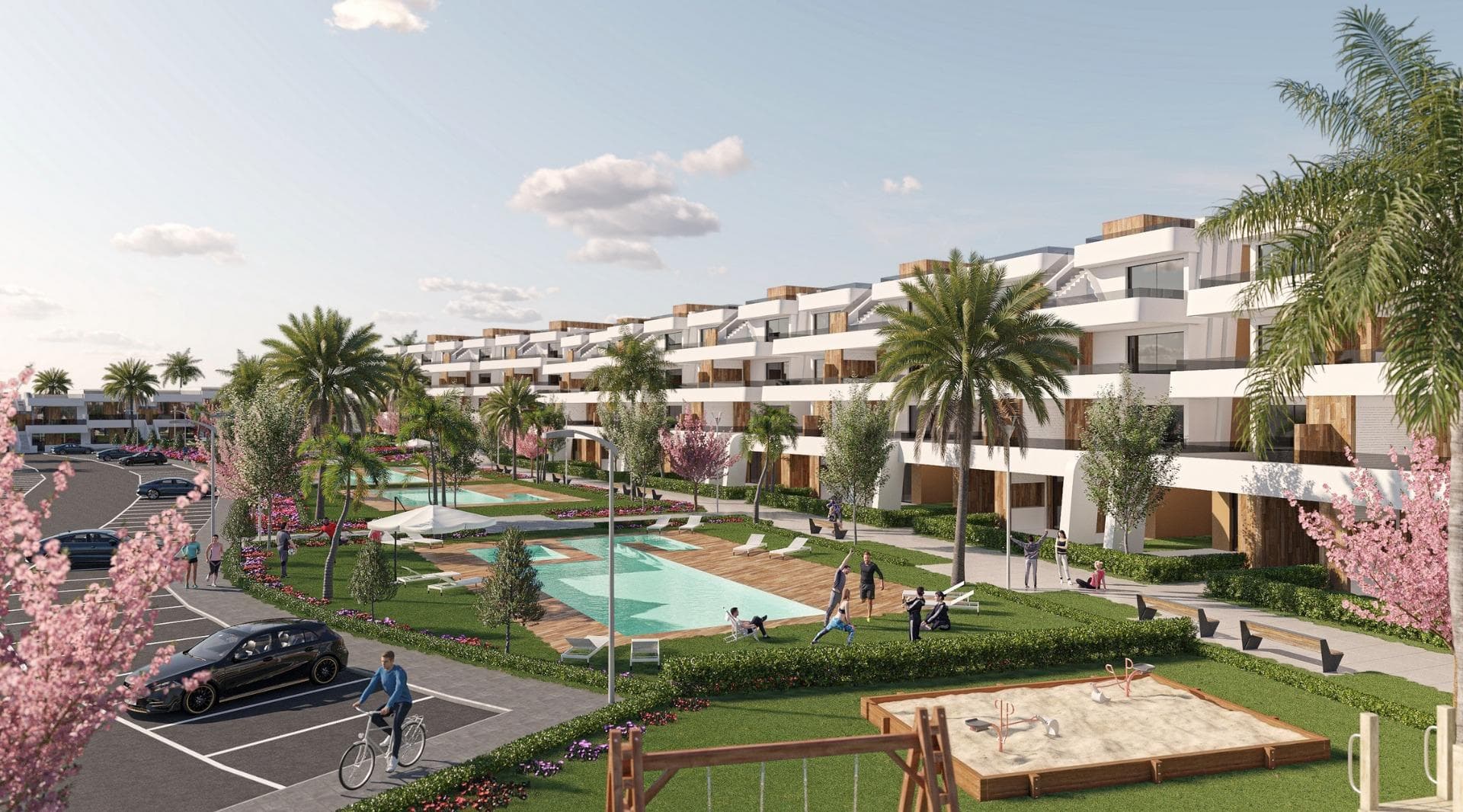 NEW BUILD APARTMENTS IN CONDADO DE ALHAMA GOLF COURSE New Build residential complex of villas and apartments in Condado de Alhama. Beautiful 8 apartments are distributed between ground, first, second and third floor, with two properties on each floor and a lift to move from one to other level. There are a several community swimming pools, outdoor parking space for each apartment, storage area and terrace with Summer kitchen.  The top floor properties have a solarium.  The two ground floor apartments have 3 bedrooms and 2 fully-fitted bathrooms and the rest of the properties have 2 bedrooms and 2 fitted bathrooms as well.  The properties have been designed with a contemporary style and an open planned concept, consisting of a fitted kitchen and a living-dining room. The development is located in Condado de Alhama, Murcia, within a luxury resort, with sports areas and surrounded by nature, all services, and several Golf Courses.  The property will meet the highest standards and will be equipped with: Community swimming pools with ample green areas. Kitchen completely furnished and equipped with oven and microwave elevated and in column, integrated fridge and dishwasher, induction hob and extractor fan. Lighting: inside the property (dining room, kitchen, corridors and bathrooms), as well as in outdoor areas. Lined wardrobes with drawers and shelves. Fully fitted bathrooms with vanity unit, suspended toilet, mirror, wall-mounted shower and shower screens. Pre-installation for ducted air conditioning. Summer kitchen on the terraces. Solarium on the top floors.  Outdoor parking space with storage area.  Lift (from ground floor to 3rd floor). Condado de Alhama Golf Resort is a fantastic Golf Resort with many facilities and services . A shopping centre, a sports centre, a variety of bars and restaurants, supermarkets and over 25 communal swimming pools and gardens. Condado de Alhama Golf Resort has its own Jack Nicklaus designed golf course and is only 15 minutes from the beautiful beaches of Bolnuevo and Mazarron. Mazarron has over 35 km of coastline, much of which is unspoilt coastline. Numerous beaches in the Bay of Mazarron have been awarded the Blue Flag for their quality. Condado de Alhama Golf Resort is only 20 minutes from the new Corvera International Airport.