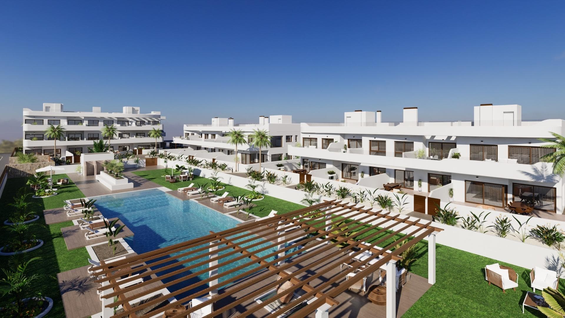 New Build Residential Complex Near Serena Golf and the Mar Menor in Los AlcazaresModern Coastal Living on the Costa CalidaDiscover this attractive new build residential complex located in Los Alcazares, one of the most popular seaside towns on the Costa Calida. Situated just 500 m from the beaches of the Mar Menor and within walking distance of the town center, this development offers an excellent combination of coastal living, golf surroundings and everyday convenience. Los Alcazares is well known for its relaxed atmosphere, long promenades, warm shallow waters and a wide range of restaurants, shops and services open all year round.Contemporary Apartments Designed for ComfortThe development consists of 29 modern homes with 2 or 3 bedrooms, designed with clean architectural lines and high quality finishes. Buyers can choose between ground floor apartments with private garden and terrace, middle floor homes with spacious terraces, or penthouses with private terrace and rooftop solarium offering open views. Many of the properties enjoy views towards Serena Golf and the Mar Menor, creating a calm and pleasant living environment.All homes are designed to maximize natural light and functionality, making them ideal as a permanent residence, holiday home or investment property.High Quality Features and Communal AreasEach property includes a private parking space and a storage room. The specifications are designed to provide comfort and energy efficiency, including double glazed windows with thermal break, pre installation of ducted air conditioning, aerothermal system for domestic hot water, electric shutters in bedrooms and a complete interior and exterior lighting package. Bathrooms are delivered fully equipped with furniture, mirror and shower screen.Residents can enjoy attractive communal areas with landscaped gardens and a communal swimming pool, perfect for relaxing and enjoying the Mediterranean climate. Selected blocks are equipped with lifts for added convenience.Prime Location Between Golf and SeaThis residential complex enjoys a privileged location next to Serena Golf, one of the most renowned golf courses in the area, and just a short walk from the calm waters of the Mar Menor. The area is ideal for swimming, sailing, paddleboarding and other water sports throughout the year.Key distances include Mar Menor beaches at 0.5 km, Serena Golf directly next to the development, Los Alcazares town center at 2 km, Cartagena at 22 km and Murcia city at 40 km. Murcia Corvera Airport is approximately 30 km away and Alicante Airport is around 90 km.An Ideal Home or Investment OpportunityWith its excellent location, modern design and proximity to both golf and the sea, this new residential complex in Los Alcazares offers an outstanding lifestyle opportunity on the Costa Calida. Contact us today to receive more information or to arrange a private viewing and secure your new home by the Mar Menor.