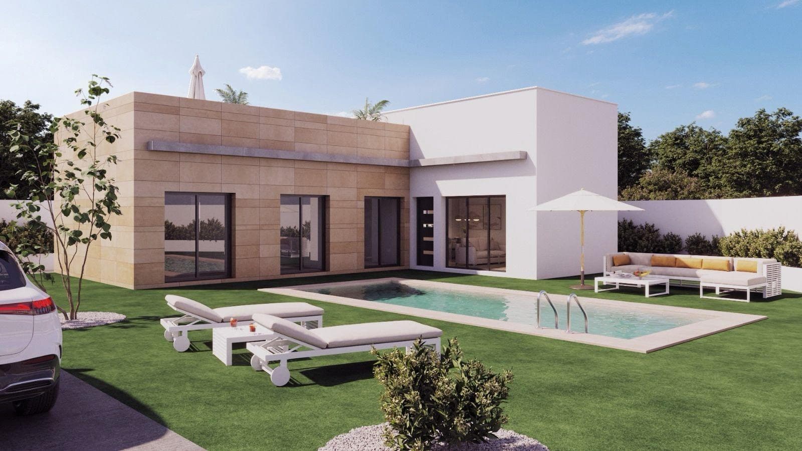 Newly built detached villas with private pools in the Mazarrón Country ClubModern villas in a quiet residential settingDiscover this exclusive development of detached villas located in the Mazarrón Country Club area of Murcia. Set in a quiet residential setting and surrounded by nature, this location offers the perfect balance between tranquillity and accessibility. The Country Club is known for its relaxed atmosphere, wide streets and proximity to both the coast and the town of Mazarrón, making it an attractive option for permanent living or holidaying.Single-storey design with private outdoor spacesEach villa is carefully designed on a single storey, offering comfort and ease of living. The layout includes three spacious bedrooms and two bathrooms, one of which is en suite. The master bedroom has a walk-in wardrobe. The bright open-plan living area combines the lounge, dining room and kitchen, with direct access to the terrace and garden. Large windows allow natural light to flow throughout the house and create a seamless connection between indoor and outdoor living.The private garden features a private swimming pool and a terrace ideal for sunbathing or al fresco dining. Each property also includes parking within the plot, ensuring convenience and security.Private solarium with open viewsAccessible via an external staircase, the private rooftop solarium offers an additional outdoor area to enjoy the Mediterranean climate all year round. The solarium is equipped with water and electricity connections, allowing for the future installation of a summer kitchen, outdoor shower or relaxation area. This elevated space is perfect for relaxing, entertaining guests or enjoying the panoramic views of the surrounding landscape.High-quality finishes and modern comfortThese newly built villas are constructed with high-quality materials and modern finishes to ensure durability and comfort. Features include fitted wardrobes in all bedrooms, pre-installation for ducted air conditioning, and pre-installation for the kitchen, offering buyers the opportunity to customise the interior to suit their personal style. The contemporary design and practical layout make these homes suitable as a permanent residence, holiday home or smart investment.Convenient location near Mazarrón and the coastThe development is located approximately 9 km from the beaches of Mazarrón and only 5 km from the town of Mazarrón, where all essential amenities can be found, including shops, restaurants, medical centres and schools. The area also benefits from easy access to the motorway, allowing for smooth connections to nearby towns and cities.Key distances to points of interestTown of Mazarrón: 5 kmBeaches of Mazarrón and Bolnuevo: 9 kmMazarrón marina: 14 kmGolf courses: 20 kmMurcia Corvera Airport: 45 kmCartagena town: 35 kmYour new home on the Costa CálidaEnjoy privacy, comfort and outdoor living in one of these exclusive new-build villas at Country Club Mazarrón. Contact us today for more information or to arrange a viewing and secure your place in this attractive residential area.