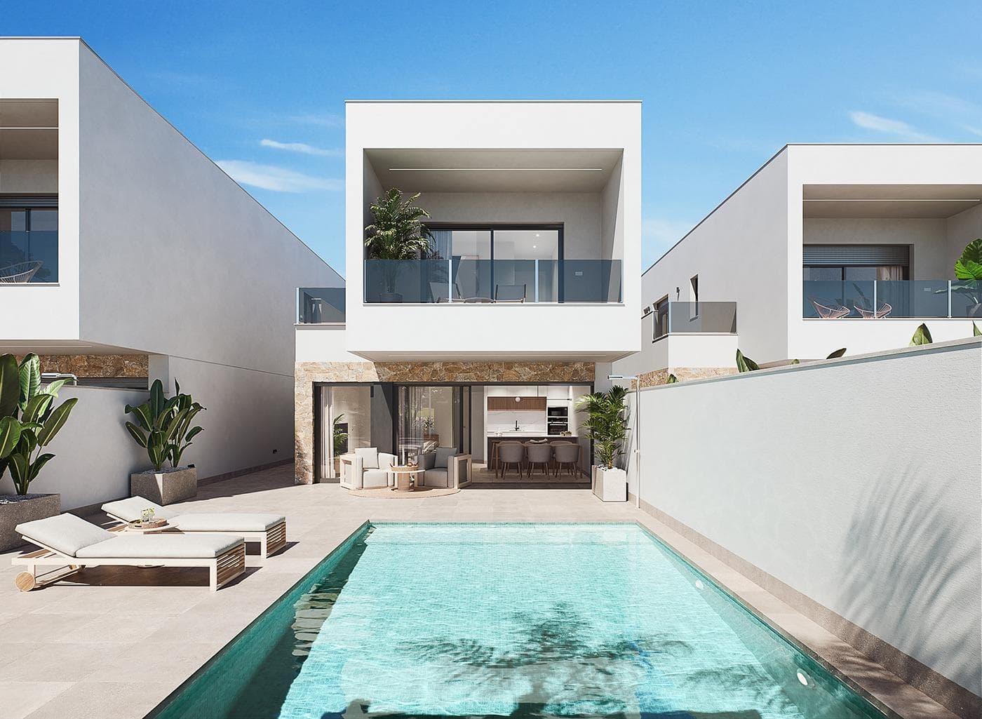 Modern New Build Villas with Private Pool in San Pedro del PinatarContemporary Design and Premium Quality LivingDiscover the third phase of this exclusive residential project in San Pedro del Pinatar, where modern architecture meets comfort and functionality. These 14 semi detached villas are designed with a minimalist style and high quality finishes, offering an elegant and sophisticated living experience on the Costa Calida. Each villa features 3-4 spacious bedrooms, 3 bathrooms, private swimming pool, terraces and a private garden, creating the perfect environment for privacy, relaxation and Mediterranean outdoor living.San Pedro del Pinatar is one of the most sought after towns in the Mar Menor area, known for its natural salt lakes, calm beaches and year round pleasant climate, making it ideal for both permanent living and holiday use.Open Plan Layout Designed for Modern LifeThe villas are carefully distributed with an open plan kitchen connected to a bright living and dining area. Large windows in the living room with motorized blinds provide direct access to the pool area and allow natural light to flood the interior spaces.Key features of each property include:3 bedrooms with built in wardrobes3 fully equipped bathrooms with vanity units, mirrors and shower screensFurnished kitchen with Balay appliances includedPrivate pool and garden areaInterior and exterior LED lightingTerraces on the first floor and optional rooftop solariumOn plot parking spaceAerothermal system for hot waterPhotovoltaic solar panels for improved energy efficiencyPre installation of ducted air conditioningThese homes are designed to combine sustainability, comfort and modern style in every detail.Prime Location Near Beaches and ServicesLocated between the Mar Menor and the Mediterranean Sea, San Pedro del Pinatar is a paradise for beach lovers and water sports enthusiasts. The town offers a lively marina, natural mud baths, shops, restaurants, sports facilities and excellent services all year round.Beaches of the Mar Menor 3 kmMediterranean beaches 5 kmDos Mares Shopping Center 5 kmLo Romero Golf 10 kmRoda Golf 15 kmMurcia Corvera Airport 30 kmAlicante Airport 80 kmSan Pedro Marina 4 kmAn Ideal Home for Lifestyle and InvestmentThanks to their location, design and energy efficient features, these villas represent an excellent opportunity as a permanent residence, holiday home or rental investment in one of the most attractive areas of the Costa Calida.Contact us today for more information or to arrange a viewing and secure your new villa in San Pedro del Pinatar.