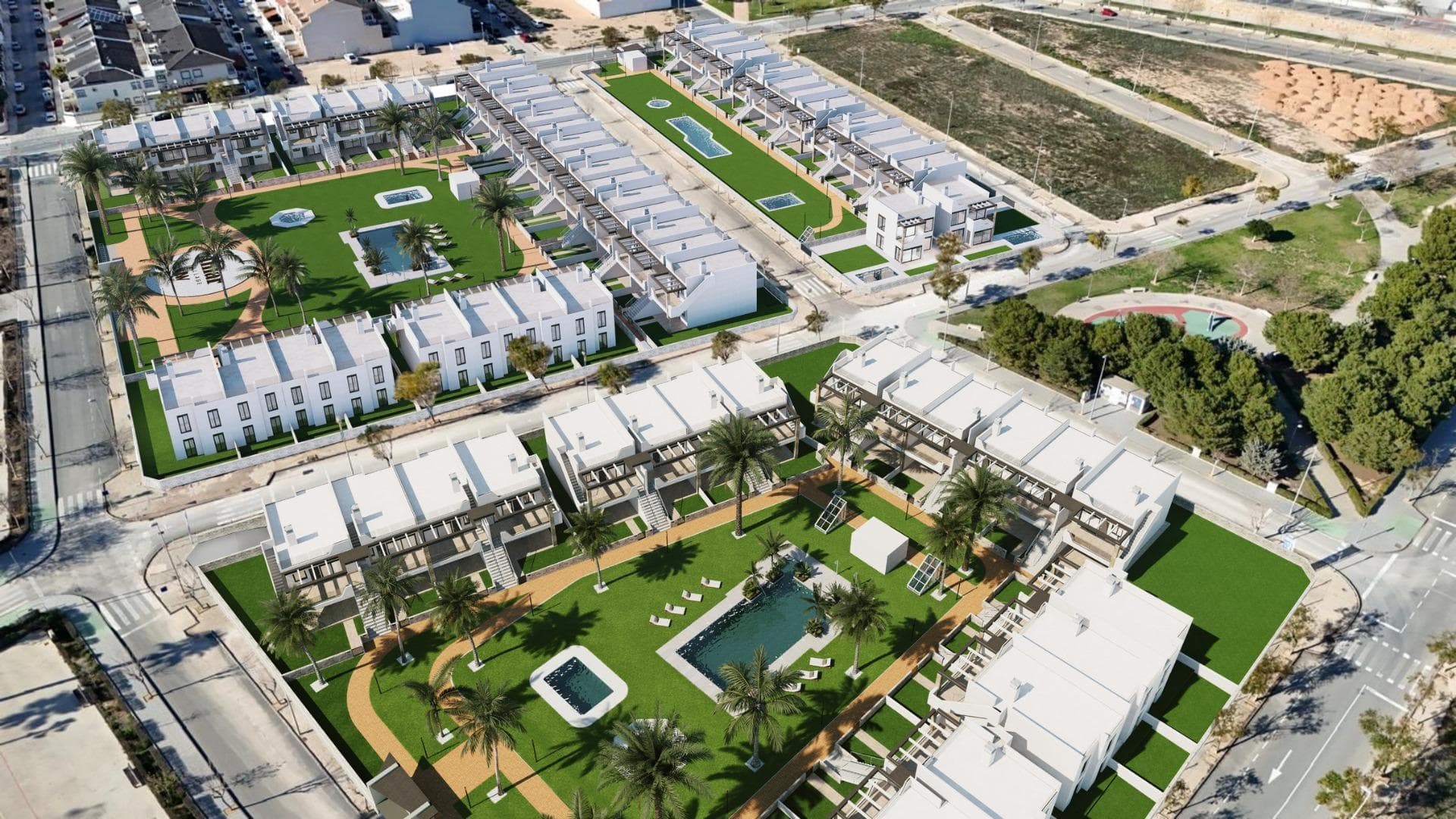 Новые бунгало с садом или солярием рядом с пляжем в Пилар-де-ла-ОрададаСовременные средиземноморские дома, созданные для комфортаОткройте для себя этот эксклюзивный новый жилой комплекс в Пилар-де-ла-Орадада, предлагающий современные бунгало, расположенные менее чем в 2 км от пляжа. Эти дома, спроектированные с учетом комфорта, стиля и функциональности, идеально подходят для круглогодичного проживания, отдыха или в качестве выгодного вложения средств на побережье Коста-Бланка.Комплекс предлагает на выбор бунгало на первом этаже с частными садами и бунгало на верхнем этаже с частными соляриями на крыше. Каждая недвижимость тщательно спроектирована, чтобы максимально использовать возможности жизни на открытом воздухе и средиземноморский климат.Просторные дома с 2 спальнями и высококачественной отделкойКаждый бунгало имеет 2 спальни и 2 ванные комнаты, одна из которых примыкает к спальне, а также частное парковочное место в подземном гараже. Дома построены из качественных материалов и имеют современную отделку, что обеспечивает энергоэффективность и долговечность.Основные характеристики:Предварительная установка для канального кондиционированияАлюминиевые наружные столярные изделия с двойным остеклением и моторизованными жалюзиБезопасная входная дверь для спокойствияАэротермальная система для эффективного производства горячей водыВстроенные шкафы во всех спальняхПолностью оборудованные ванные комнаты с мебелью и душевыми перегородкамиЭти характеристики обеспечивают комфортный и практичный дом, подходящий для всех сезонов.Частный комплекс с бассейном и ландшафтными садамиЖилой комплекс является частным и безопасным, с красивыми ландшафтными садами и большим общим бассейном. Это создает приятную и расслабляющую атмосферу, где жители могут отдохнуть и насладиться прекрасным климатом.Расположенный недалеко от центра города, комплекс позволяет жителям добираться пешком до супермаркетов, ресторанов, баров, школ и основных услуг без необходимости использования автомобиля.Отличное расположение рядом с пляжами и услугамиПилар-де-ла-Орадада — очаровательный испанский городок в самой южной части Коста-Бланки, известный своей оживленной атмосферой, местными магазинами, традиционными площадями и дружелюбным сообществом.Песчаные пляжи Торре-де-ла-Орадада и Миль-Пальмерас находятся всего в 2 км от комплекса и предлагают мелкий золотистый песок, живописную набережную и пристань для яхт. Этот район также идеально подходит для велосипедных прогулок, пеших прогулок и занятий спортом на открытом воздухе.Расстояния до основных достопримечательностейГольф-клуб Lo Romero — 5 кмБульвар Ла Зения — 15 кмАэропорт Мурсия Корвера — 40 кмАэропорт Аликанте — 55 кмПристань для яхт Торре-де-ла-Орадада — 3 кмЗабронируйте свой новый дом сегодняНе упустите возможность приобрести новый бунгало рядом с пляжем в одном из самых привлекательных районов Коста-Бланки. Свяжитесь с нами сегодня, чтобы получить дополнительную информацию и договориться о посещении.