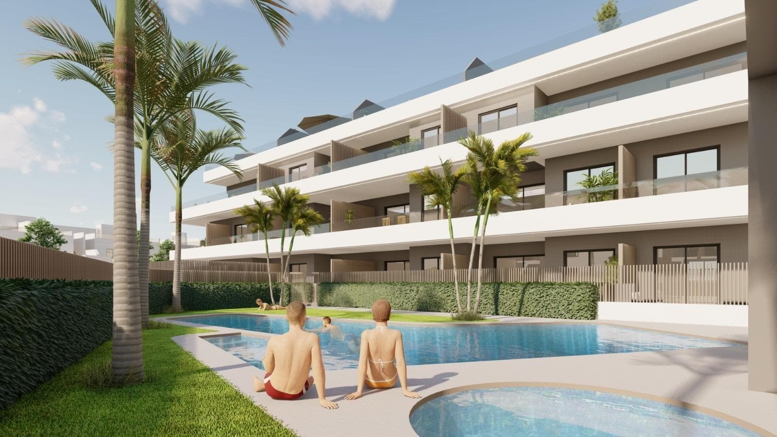 New Build Apartments and Bungalows for Sale in Pilar de la Horadada Near the BeachExclusive Residential Development on the Southern Costa BlancaDiscover this modern new build residential complex located in Pilar de la Horadada, the southernmost town on the Costa Blanca. This boutique development offers a selection of contemporary apartments and bungalows designed to combine comfort, functionality and Mediterranean lifestyle.The project consists of only 26 carefully designed homes with 2 or 3 bedrooms and 2 bathrooms, making it an ideal option for both permanent residence and holiday living. The complex is located in a quiet residential area within walking distance of the town center, where residents can enjoy restaurants, cafes, supermarkets, local shops and all essential services.Pilar de la Horadada is a charming Spanish town known for its welcoming atmosphere, lively main street and beautiful plazas. With excellent connections to nearby coastal areas and golf resorts, it is a popular destination for international buyers seeking sunshine and quality of life.Apartments and Bungalows with Private Outdoor SpacesThe development offers two different property types to suit various lifestyles.The complex includes 16 modern apartments. Buyers can choose between ground floor units with private gardens, middle floor apartments with spacious terraces or penthouses with private terraces and rooftop solariums. Each apartment includes a parking space and storage room in the underground garage.There are also 10 bungalows available. Ground floor bungalows feature private gardens and parking within the plot, while top floor bungalows offer terraces and private solariums. These upper level homes include parking and storage in the basement.All homes have been designed with bright interiors, open layouts and comfortable living areas that extend naturally to the outdoor spaces.Quality Construction and Modern FeaturesThe homes are built with high quality materials and modern systems to ensure comfort and energy efficiency throughout the year.Furnished kitchensFully equipped bathrooms with shower screens and underfloor heatingEnergy efficient aerothermal hot water systemPre installation for ducted air conditioningResidents also benefit from a communal swimming pool surrounded by landscaped gardens and sunbathing areas, creating a relaxing environment to enjoy the Mediterranean climate.Excellent Location Close to Beaches and GolfThe development enjoys a strategic location close to some of the best beaches and golf courses in the region.Torre de la Horadada beach 3 kmMil Palmeras beach 3 kmLo Romero Golf 6 kmRegion de Murcia International Airport 45 kmAlicante Elche Airport 75 kmThe area also offers excellent road connections to nearby coastal towns, marinas and leisure facilities along both the Costa Blanca and Costa Calida.Find Your New Home in Pilar de la HoradadaThis attractive new build residential complex offers modern homes, quality finishes and a fantastic location close to the beach. Contact us today for more information or to arrange a visit and secure your new property on the Costa Blanca.