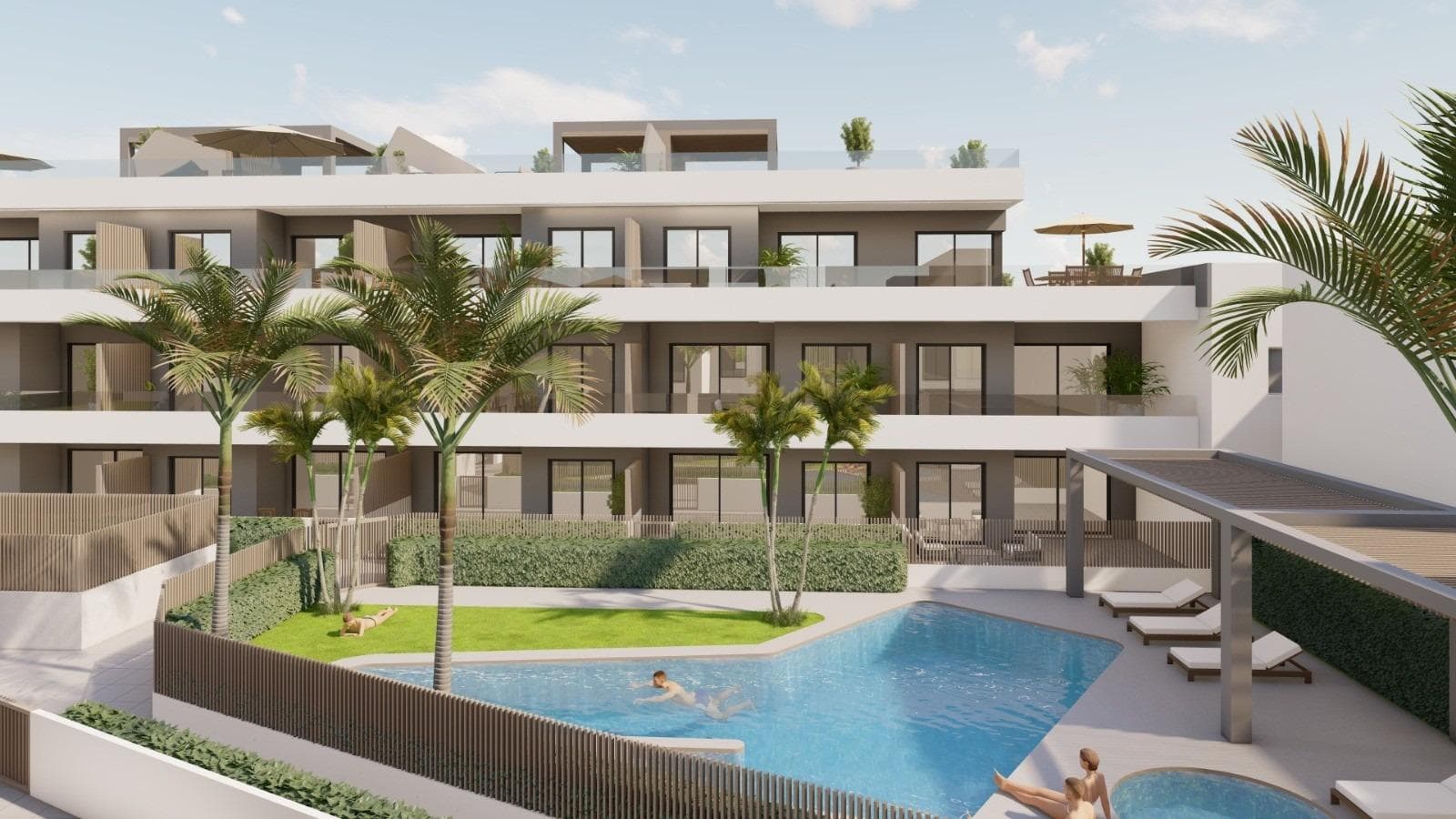 New Build Apartments and Bungalows for Sale in Pilar de la Horadada Near the BeachExclusive Residential Development on the Southern Costa BlancaDiscover this modern new build residential complex located in Pilar de la Horadada, the southernmost town on the Costa Blanca. This boutique development offers a selection of contemporary apartments and bungalows designed to combine comfort, functionality and Mediterranean lifestyle.The project consists of only 26 carefully designed homes with 2 or 3 bedrooms and 2 bathrooms, making it an ideal option for both permanent residence and holiday living. The complex is located in a quiet residential area within walking distance of the town center, where residents can enjoy restaurants, cafes, supermarkets, local shops and all essential services.Pilar de la Horadada is a charming Spanish town known for its welcoming atmosphere, lively main street and beautiful plazas. With excellent connections to nearby coastal areas and golf resorts, it is a popular destination for international buyers seeking sunshine and quality of life.Apartments and Bungalows with Private Outdoor SpacesThe development offers two different property types to suit various lifestyles.The complex includes 16 modern apartments. Buyers can choose between ground floor units with private gardens, middle floor apartments with spacious terraces or penthouses with private terraces and rooftop solariums. Each apartment includes a parking space and storage room in the underground garage.There are also 10 bungalows available. Ground floor bungalows feature private gardens and parking within the plot, while top floor bungalows offer terraces and private solariums. These upper level homes include parking and storage in the basement.All homes have been designed with bright interiors, open layouts and comfortable living areas that extend naturally to the outdoor spaces.Quality Construction and Modern FeaturesThe homes are built with high quality materials and modern systems to ensure comfort and energy efficiency throughout the year.Furnished kitchensFully equipped bathrooms with shower screens and underfloor heatingEnergy efficient aerothermal hot water systemPre installation for ducted air conditioningResidents also benefit from a communal swimming pool surrounded by landscaped gardens and sunbathing areas, creating a relaxing environment to enjoy the Mediterranean climate.Excellent Location Close to Beaches and GolfThe development enjoys a strategic location close to some of the best beaches and golf courses in the region.Torre de la Horadada beach 3 kmMil Palmeras beach 3 kmLo Romero Golf 6 kmRegion de Murcia International Airport 45 kmAlicante Elche Airport 75 kmThe area also offers excellent road connections to nearby coastal towns, marinas and leisure facilities along both the Costa Blanca and Costa Calida.Find Your New Home in Pilar de la HoradadaThis attractive new build residential complex offers modern homes, quality finishes and a fantastic location close to the beach. Contact us today for more information or to arrange a visit and secure your new property on the Costa Blanca.