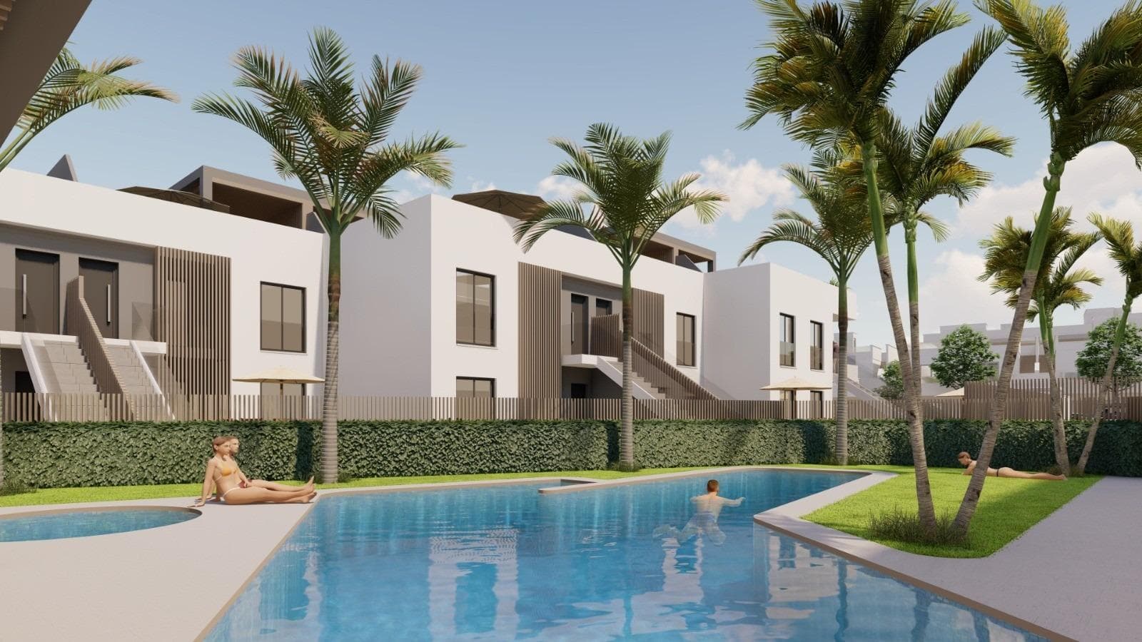 New Build Apartments and Bungalows for Sale in Pilar de la Horadada Near the BeachExclusive Residential Development on the Southern Costa BlancaDiscover this modern new build residential complex located in Pilar de la Horadada, the southernmost town on the Costa Blanca. This boutique development offers a selection of contemporary apartments and bungalows designed to combine comfort, functionality and Mediterranean lifestyle.The project consists of only 26 carefully designed homes with 2 or 3 bedrooms and 2 bathrooms, making it an ideal option for both permanent residence and holiday living. The complex is located in a quiet residential area within walking distance of the town center, where residents can enjoy restaurants, cafes, supermarkets, local shops and all essential services.Pilar de la Horadada is a charming Spanish town known for its welcoming atmosphere, lively main street and beautiful plazas. With excellent connections to nearby coastal areas and golf resorts, it is a popular destination for international buyers seeking sunshine and quality of life.Apartments and Bungalows with Private Outdoor SpacesThe development offers two different property types to suit various lifestyles.The complex includes 16 modern apartments. Buyers can choose between ground floor units with private gardens, middle floor apartments with spacious terraces or penthouses with private terraces and rooftop solariums. Each apartment includes a parking space and storage room in the underground garage.There are also 10 bungalows available. Ground floor bungalows feature private gardens and parking within the plot, while top floor bungalows offer terraces and private solariums. These upper level homes include parking and storage in the basement.All homes have been designed with bright interiors, open layouts and comfortable living areas that extend naturally to the outdoor spaces.Quality Construction and Modern FeaturesThe homes are built with high quality materials and modern systems to ensure comfort and energy efficiency throughout the year.Furnished kitchensFully equipped bathrooms with shower screens and underfloor heatingEnergy efficient aerothermal hot water systemPre installation for ducted air conditioningResidents also benefit from a communal swimming pool surrounded by landscaped gardens and sunbathing areas, creating a relaxing environment to enjoy the Mediterranean climate.Excellent Location Close to Beaches and GolfThe development enjoys a strategic location close to some of the best beaches and golf courses in the region.Torre de la Horadada beach 3 kmMil Palmeras beach 3 kmLo Romero Golf 6 kmRegion de Murcia International Airport 45 kmAlicante Elche Airport 75 kmThe area also offers excellent road connections to nearby coastal towns, marinas and leisure facilities along both the Costa Blanca and Costa Calida.Find Your New Home in Pilar de la HoradadaThis attractive new build residential complex offers modern homes, quality finishes and a fantastic location close to the beach. Contact us today for more information or to arrange a visit and secure your new property on the Costa Blanca.