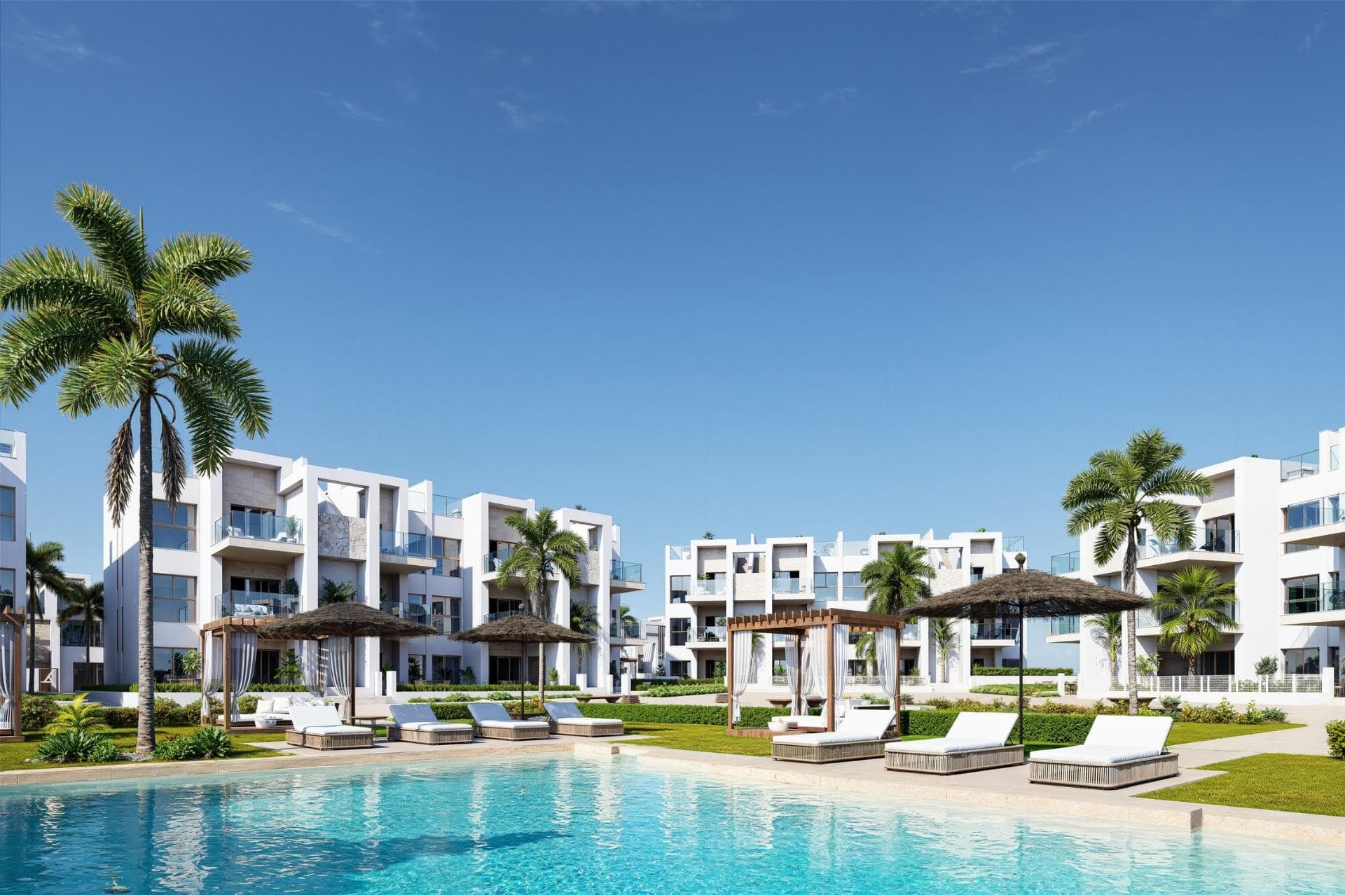 New Build Resort Apartments at La Serena Golf-Los Alcazares Near the BeachModern Golf Front Living on the Costa CalidaDiscover this exclusive new build residential resort located at La Serena Golf in Los Alcazares. This contemporary development features 66 stylish apartments with 2 or 3 bedrooms and 2 bathrooms, one of them en suite, designed to offer comfort, elegance and an exceptional Mediterranean lifestyle just 300 meters from the Mar Menor.Los Alcazares is a charming coastal town known for its relaxed atmosphere, sandy beaches and long seaside promenade. With more than 300 days of sunshine per year, the area offers a perfect environment for outdoor living, water sports and golf. The town also provides a wide selection of restaurants, shops, marinas and sports facilities, making it a highly desirable destination for both permanent residence and holiday homes.Apartments with Terraces, Gardens and Private SolariumsThe residential complex offers several property types to suit different lifestyles. Buyers can choose between ground floor apartments with private gardens, middle floor homes with spacious terraces or penthouses with terraces and large rooftop solariums.The solariums include an outdoor shower and offer the option to add a summer kitchen and private jacuzzi, creating an ideal space for relaxation and entertaining while enjoying open views of the golf course and surrounding landscape.Each home has been designed with bright interiors and open plan living spaces that connect seamlessly with the outdoor areas.Resort Style Amenities and Exceptional Communal AreasOne of the most distinctive features of this development is its resort style concept. Residents can enjoy a spectacular lagoon style swimming pool of approximately 190 m2 with beach style access and relaxing areas with Balinese beds.Additional communal facilities include landscaped gardens, a spa area, gym and sauna located in the basement level. The complex also offers a children playground, two petanque courts and communal restrooms near the pool area, creating a welcoming environment for residents and guests.Quality Finishes and Modern FeaturesThe apartments are built with modern materials and high quality specifications designed for comfort and style.Fully equipped kitchen with white glass finish appliancesBathrooms with vanity units, shower screens and backlit mirrorsMotorized window shuttersBasic lighting packageFully installed ducted air conditioningUnderground parking space for each propertyUnderground bicycle parking and optional storage roomsPrime Location Close to Beach and GolfMar Menor beach 0.3 kmLa Serena Golf next to the developmentLos Alcazares town center 2 kmCartagena 22 kmMurcia 40 kmRegion de Murcia International Airport 30 kmAlicante Elche Airport 90 kmThe calm and shallow waters of the Mar Menor are ideal for swimming, sailing and paddle surfing throughout the year.Secure Your Home at La Serena Golf ResortThese modern apartments combine beachside living, golf views from most units and resort style amenities in one of the most attractive areas of the Costa Calida. Contact us today to receive more information or arrange a visit and secure your new home in La Serena Golf-Los Alcazares.