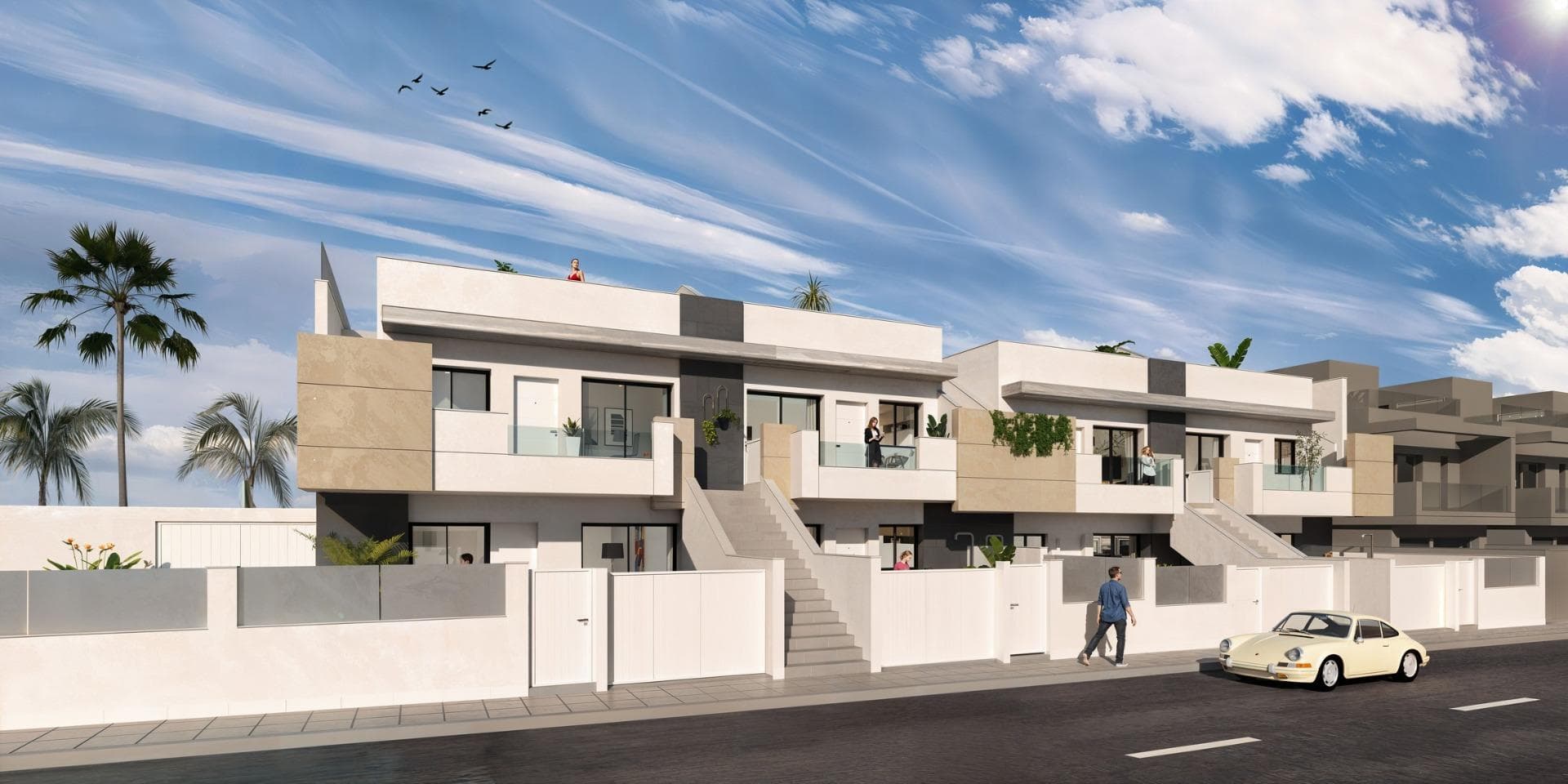 Moderne nieuwbouwwoningen te koop in San Pedro del Pinatar, vlakbij het strandMediterraan leven in San Pedro del Pinatar, Costa CalidaOntdek een exclusief nieuwbouwproject met moderne bungalows in San Pedro del Pinatar, een van de populairste kustplaatsen aan de Costa Calida. Dit project ligt in de rustige woonwijk Las Esperanzas en biedt een ideale combinatie van comfort, eigentijds design en de nabijheid van de zee.San Pedro del Pinatar staat bekend om zijn prachtige kustlijn, natuurparken en ontspannen mediterrane levensstijl. De stad ligt tussen het rustige water van de Mar Menor en de Middellandse Zee en biedt bewoners een ruime keuze aan stranden en watersporten. Het nabijgelegen regionale park Las Salinas y Arenales de San Pedro del Pinatar is een beschermd natuurgebied dat bekend staat om zijn zoutmeren, vogels en schilderachtige wandel- en fietsroutes.Deze locatie biedt gemakkelijke toegang tot supermarkten, restaurants, sportfaciliteiten en golfbanen, terwijl de rustige woonomgeving op slechts enkele minuten van het strand behouden blijft.Exclusief project met stijlvolle bungalowsHet wooncomplex bestaat uit slechts acht zorgvuldig ontworpen woningen, die privacy en een boetiekachtige sfeer bieden. De woningen hebben twee slaapkamers en twee badkamers, waaronder een hoofdslaapkamer met eigen badkamer.Kopers kunnen kiezen tussen bungalows op de begane grond of woningen op de bovenste verdieping met een eigen solarium. De woningen op de begane grond hebben een eigen parkeerplaats op het perceel en een patio aan de achterzijde. Sommige woningen hebben ook een kelderverdieping of een privézwembad.De bungalows op de bovenste verdieping hebben een terras en een ruim privédakterras met een zomerkeuken, ideaal om buiten te eten en te ontspannen in de zon. Sommige woningen hebben ook een jacuzzi. Deze woningen hebben ook een eigen parkeerplaats en een berging op de begane grond.Moderne voorzieningen en hoogwaardige afwerkingElke bungalow is ontworpen met het oog op comfort en energie-efficiëntie, met gebruik van hoogwaardige materialen en moderne installaties.Volledig uitgeruste keuken met inbegrepen apparatuurVoorbereiding voor airconditioningGemotoriseerde rolluiken en dubbele beglazingAluminium buitenschrijnwerk in donkergrijze afwerkingLED-verlichting binnen en buiten de woningBeveiligde toegangsdeurWateraansluiting op terrassen en solariumsPrivé parkeerplaats bij elke woningSommige woningen bieden de extra luxe van een privézwembad of jacuzzi, waardoor u het hele jaar door kunt genieten van het mediterrane klimaat.Uitstekende locatie Dicht bij stranden, golfbanen en voorzieningenStranden van Mar Menor 1,8 kmWinkelcentrum Dos Mares 3 kmLo Romero Golf 11 kmJachthaven van San Pedro 4 kmInternationale luchthaven van Murcia 39 kmLuchthaven van Alicante Elche 78 kmHet nabijgelegen kustgebied van Lo Pagan biedt een levendige boulevard met restaurants, cafés en recreatieve activiteiten, waardoor het het hele jaar door een bruisende bestemming is.Vind uw nieuwe thuis aan de Costa CalidaDeze moderne bungalows bieden een uitstekende kans om een stijlvolle nieuwe woning aan zee te bezitten, of het nu gaat om een permanente woning, een vakantiehuis of een investeringsobject. Neem vandaag nog contact met ons op voor meer informatie of om een bezichtiging te regelen en uw nieuwe thuis in San Pedro del Pinatar te ontdekken.