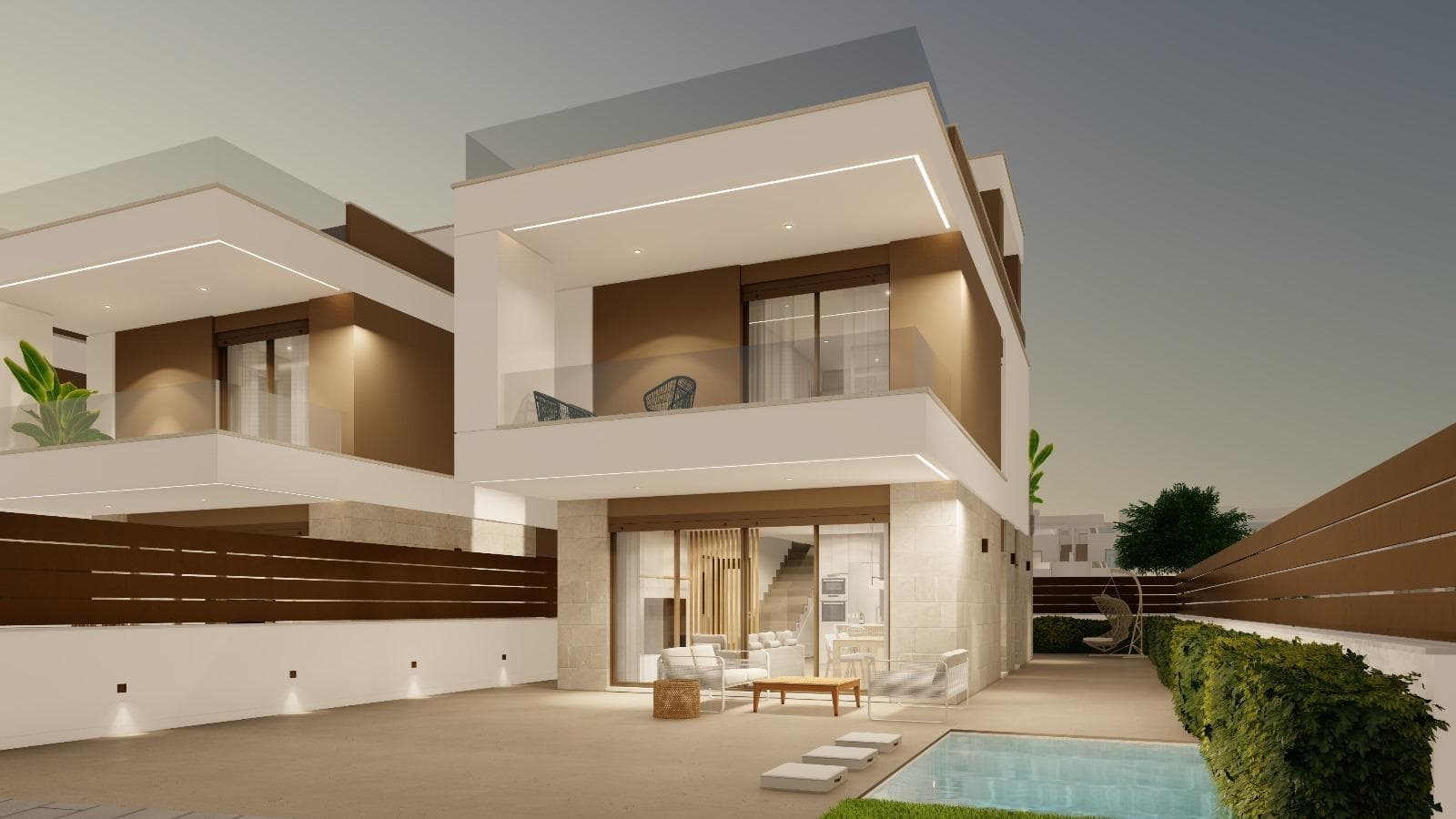 New Build Villas with Private Pool in Pilar de la Horadada Near the BeachExclusive Development of Modern Villas on the Costa BlancaDiscover this boutique development of only four independent villas in Pilar de la Horadada, one of the most attractive coastal towns in the southern Costa Blanca. Ideally located just 2 km from Las Higuericas beach and within walking distance to the town center, these homes offer the perfect combination of privacy, convenience and Mediterranean lifestyle.Set in a quiet residential area with south facing orientation, each villa enjoys sunlight throughout the day, making them especially appealing for international buyers seeking year round outdoor living.Contemporary Design with Customization OptionsOne of the standout features of this development is the ability to personalize your home to suit your lifestyle and preferences. These modern villas are designed with functionality and comfort in mind, combining clean architectural lines with practical living spaces.Each property is distributed over two floors plus a private rooftop solarium. The ground floor features a spacious open plan living and dining area with integrated kitchen, direct access to the front porch, a bedroom, a bathroom and a storage room with access to the rear patio.The first floor offers two additional bedrooms and two bathrooms, including an en suite master bedroom. Both bedrooms have access to private terraces, creating bright and airy spaces.Private Solarium and Outdoor Living SpacesThe rooftop solarium is designed for enjoying the Mediterranean climate, complete with a summer kitchen, outdoor shower and pre installation for a jacuzzi and solar panels. Each villa also includes a private swimming pool and on plot parking.These outdoor spaces provide the ideal setting for relaxing, entertaining and enjoying the sunny Costa Blanca lifestyle all year round.High Quality Finishes and Modern FeaturesThe villas are built to high standards and include premium features such as a reinforced security door, fully equipped kitchen with appliances, ducted air conditioning, electric shutters and aerothermal system for hot water.Bathrooms are fully fitted with furniture, mirrors, shower screens and underfloor heating. An LED lighting package and additional storage space further enhance comfort and functionality.Prime Location Close to Beaches and Golf CoursesPilar de la Horadada is known for its traditional Spanish charm, vibrant main street and excellent local amenities including shops, restaurants and cafes. The town offers easy access to some of the best beaches and golf courses in the region.Key distances include Las Higuericas beach 2 km, Torre de la Horadada beach 3 km, Mil Palmeras beach 3 km, Lo Romero Golf 6 km, Murcia International Airport 45 km and Alicante Airport 75 km.Ideal Investment or Holiday Home OpportunityThese new build villas offer an excellent opportunity to own a modern property near the beach in a highly desirable location on the Costa Blanca.Contact us today to receive more information or to arrange a visit and secure your new home in the sun.
