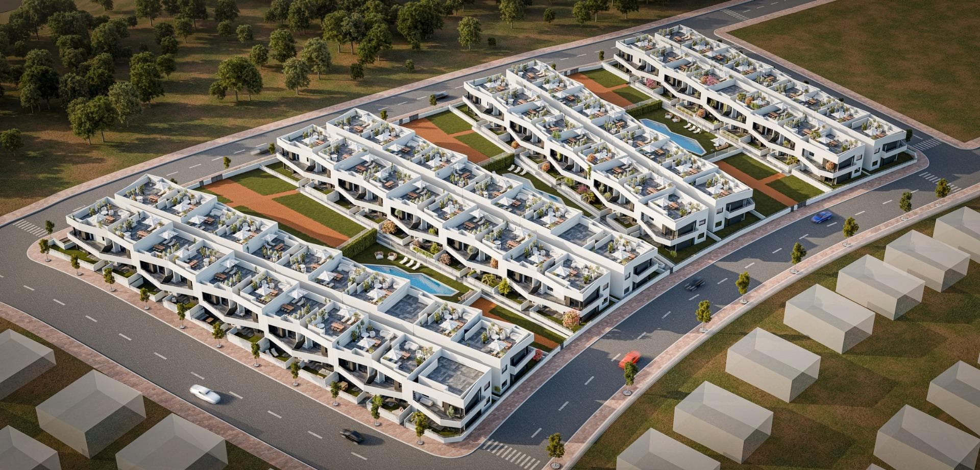 Modern, newly built bungalows in San Miguel de Salinas with 3 communal swimming poolsMediterranean lifestyle in a natural settingDiscover this modern development of newly built bungalows on the outskirts of San Miguel de Salinas, a town in the south of the province of Alicante, within walking distance of all amenities. This charming town combines proximity to the sea with the tranquillity of nature, making it an ideal place for both permanent residence and holidays.Housing Options for All LifestylesThe development offers bungalow-style apartments with 2 or 3 bedrooms, available in two layouts:Ground floor with private garden and storage roomUpper floor with private sun terraceEach home has been designed with a modern and functional approach, providing comfort, natural light and outdoor spaces to enjoy the Mediterranean climate all year round.Communal Areas for Family EnjoymentThis residential complex is fully gated and boasts excellent communal facilities:3 large communal swimming pools for adults and childrenOver 3,400 m² of landscaped green spacesThese facilities make the development an ideal space for families, couples and retirees seeking a high quality of life in a safe and relaxed environment.Modern Features and Energy EfficiencyThe homes feature high-quality materials and meticulous finishes:Fully fitted kitchenExternal joinery with thermal breaks and double glazingReinforced front doorBathroom furniture includedPre-installation for split-system air conditioning in the living room and bedroomsExcellent Location Near Golf, Beaches and AmenitiesSan Miguel de Salinas is strategically located near tourist and natural areas:Golf courses such as Vistabella, Las Colinas and Campoamor less than 10 km awayBeaches of Orihuela Costa 11 km awayLagoons of Torrevieja and La Mata just 8 km awayLa Zenia Boulevard shopping centre 9 km awayAlicante-Elche Airport is 58 km away (35 minutes by car)Murcia International Airport is 63 km away (1 hour by car)Your New Home on the Costa BlancaThese properties represent an excellent opportunity for those seeking quality, comfort and a prime location.Contact us now for more information or to book your viewing and take the first step towards your life on the Costa Blanca.