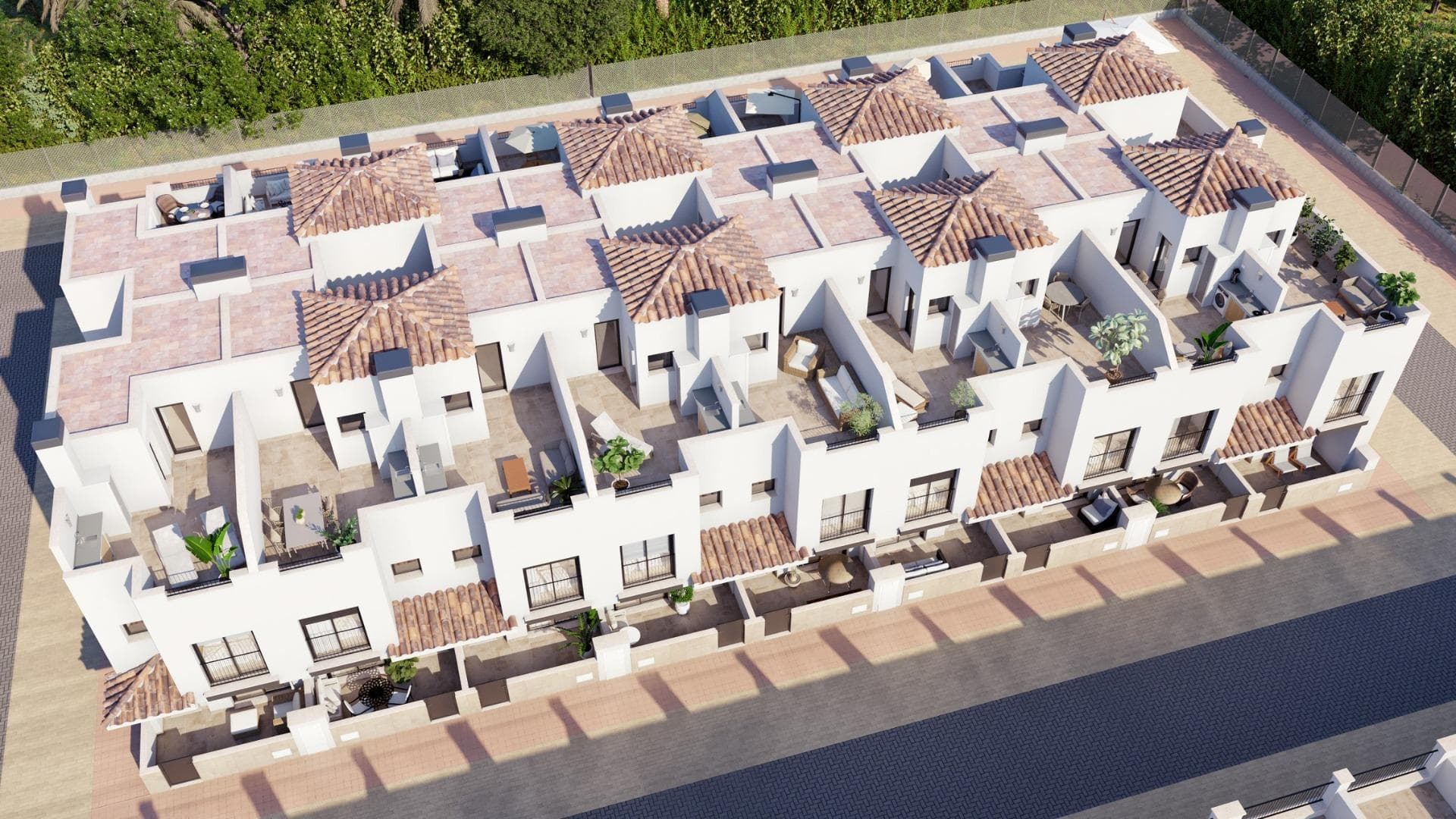 Modern Townhouses Near Golf Courses in Santa Rosalia-MurciaNew Build Homes in a Peaceful Village SettingDiscover this attractive new development of contemporary townhouses located in the charming village of Santa Rosalia in the Region of Murcia. Surrounded by some of the most prestigious golf courses in the area and just a short drive from the beaches of the Mar Menor, this location offers the perfect combination of tranquility, convenience and outdoor lifestyle.Santa Rosalia is a traditional Spanish village with a welcoming atmosphere, where residents can enjoy local shops, a supermarket, bars and restaurants including the popular La Almazara. Its strategic position between Roda Golf, Mar Menor Golf and Los Alcazares makes it highly desirable for both permanent living and holiday homes.Stylish Townhouses with Solarium and Outdoor LivingThe development consists of 18 modern townhouses with 2 or 3 bedrooms and 2 bathrooms, designed with a contemporary open plan layout. Each home features a bright living and dining area connected to a fully fitted kitchen with appliances, creating a functional and comfortable living space.All properties include a private rooftop solarium with a summer kitchen, ideal for enjoying the Mediterranean climate, entertaining guests or relaxing outdoors throughout the year. In addition, each home benefits from a private parking space and a storage room located in a communal garage.Quality Finishes and Modern FeaturesThese homes are built with high quality materials and designed to offer comfort and energy efficiency. Features include an aerothermal system for hot water, pre installation for ducted air conditioning, and fully equipped bathrooms with furniture, mirrors and shower screens.The development also includes a communal swimming pool, providing a perfect space to relax and enjoy sunny days in a peaceful environment.Prime Location Close to Golf and the SeaSanta Rosalia is ideally located just 4.5 km from the beaches of Los Alcazares, known for their calm waters and long promenade along the Mar Menor. The surrounding area is a paradise for golf lovers, with several top courses just minutes away.The nearby town of Los Alcazares offers a wide range of services, restaurants, shops and leisure activities, making daily life easy and enjoyable.Distances to Key Points of InterestLos Alcazares beaches 4.5 kmRoda Golf 3 kmMar Menor Golf 4 kmCartagena 25 kmMurcia International Airport 30 kmYour Ideal Home on the Costa CalidaThis development offers an excellent opportunity to own a modern townhouse in a well connected and peaceful location near golf courses and the sea. Contact us today to receive more information or arrange a visit and secure your new home in Santa Rosalia.