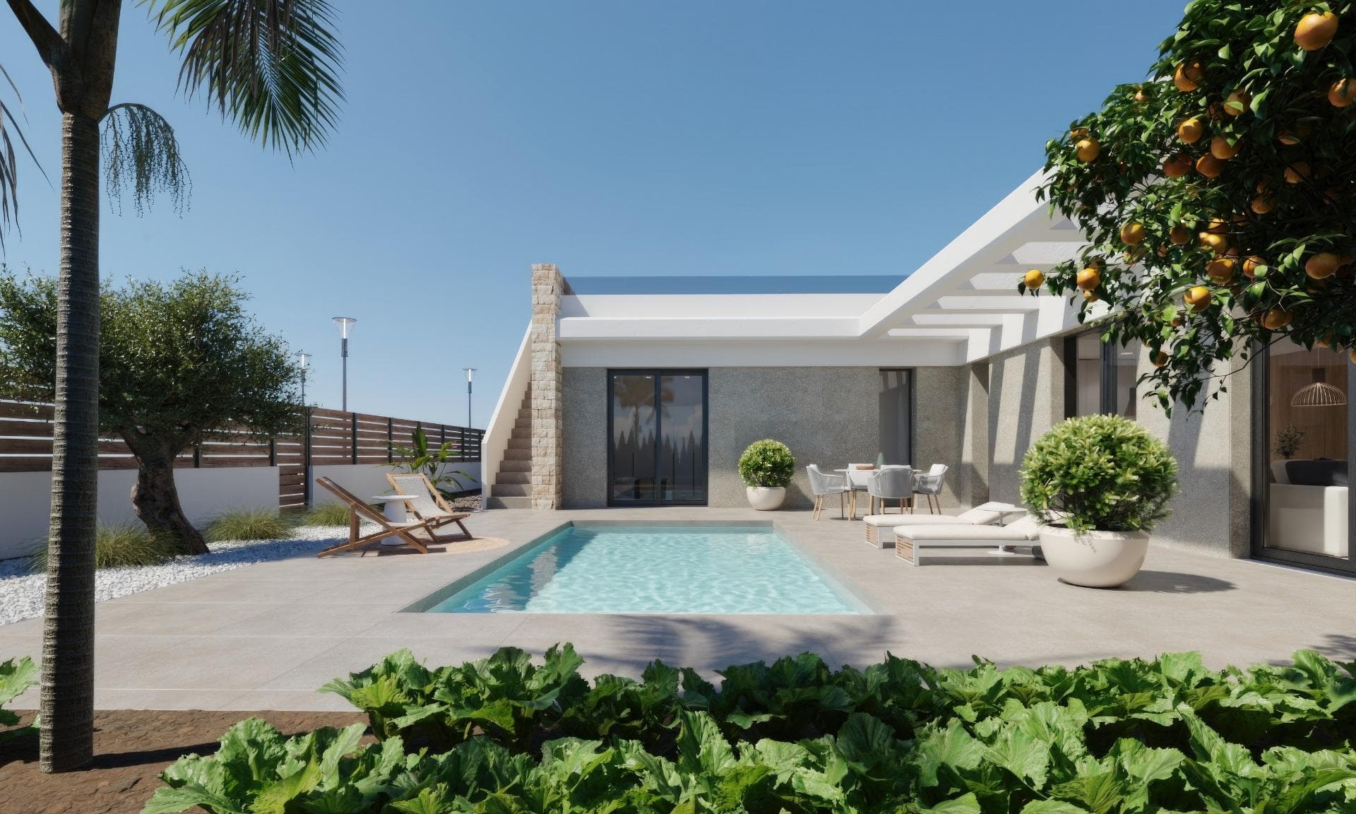 New-build villas at Hacienda del Álamo Golf Resort, MurciaModern homes in a natural and exclusive settingDiscover these fantastic new-build villas at the prestigious Hacienda del Álamo Golf Resort, a gated community in the Murcia region that combines tranquillity, security and a comprehensive range of amenities. Surrounded by nature and blessed with a wonderful climate, this complex is ideal for those seeking a relaxed lifestyle without compromising on comfort.Single-storey 3-bedroom villas with a sun terraceThe development comprises 39 villas on plots from 380 m². All homes feature 3 bedrooms and 2 full bathrooms on a single level, as well as a terrace area with a private swimming pool and a private rooftop solarium overlooking the golf course. High-Quality Finishes and Guaranteed ComfortThe homes are designed using high-quality materials and are conceived to offer energy efficiency and well-being:External joinery with thermal breakHot water via an aerothermal systemPre-installation for ducted air conditioningBathrooms with vanity unit, mirror and shower screenPrivate swimming poolA Resort with Comprehensive Facilities and a Golf CourseHacienda del Álamo is one of the most comprehensive complexes on the Costa Cálida. It features:An 18-hole professional golf courseA hotel with a spaA supermarketRestaurants and barsSports courts and green spaces24-hour securityThe development recreates the atmosphere of a traditional Mediterranean village, with quiet streets and a carefully designed layout.Strategic Location Close to EverythingMurcia International Airport (Corvera): 20 kmAdditional golf courses: less than 10 kmCartagena: 35 kmMar Menor beaches: 30 kmEspacio Mediterráneo shopping centre: 28 kmPort of Mazarrón: 40 kmLive in Style on the Costa CálidaThese villas represent an excellent opportunity to live or invest in one of Murcia’s most promising areas.Contact us now and discover your next home at Hacienda del Álamo Golf Resort.