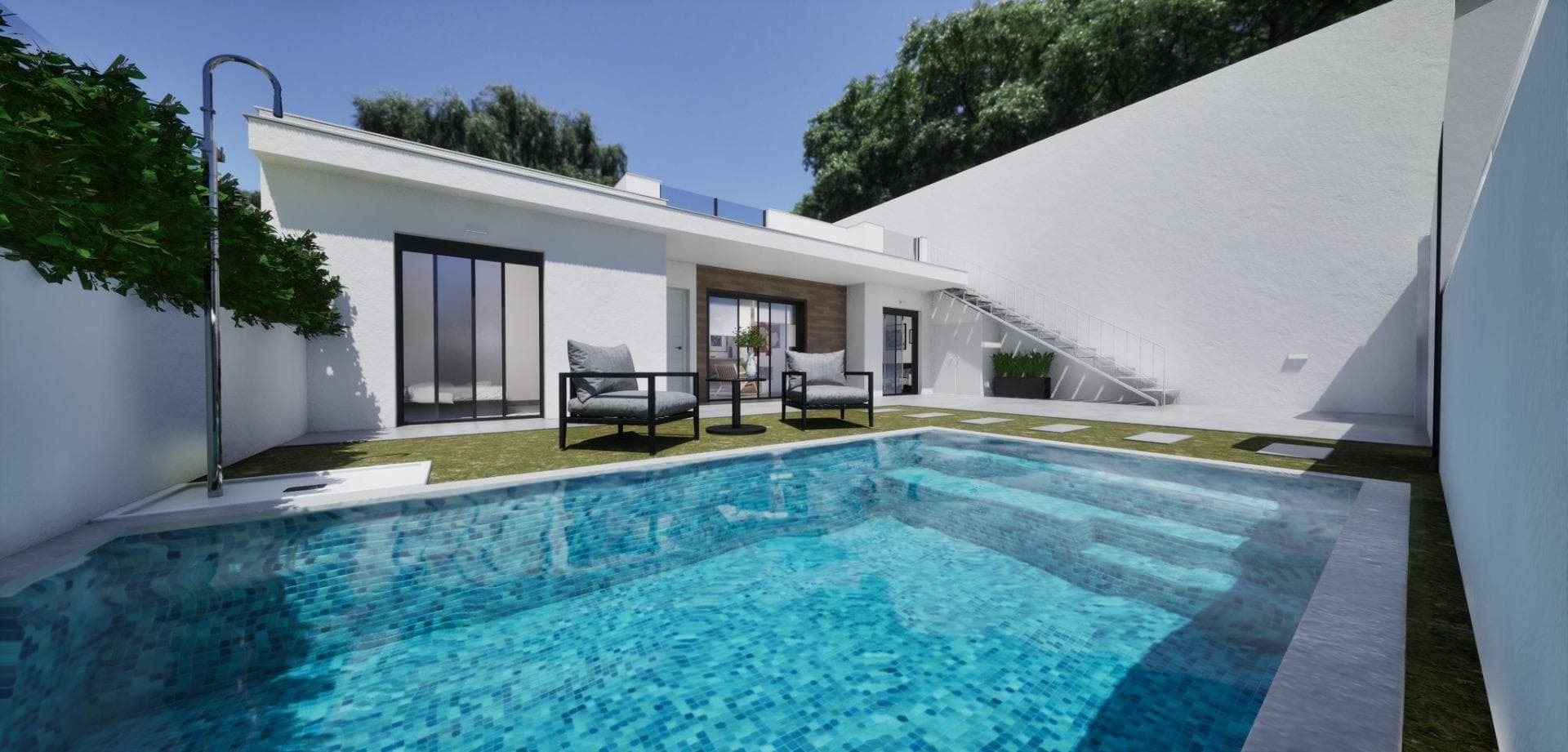 New Build Semidetached corner Villas for Sale in Torre Pacheco with Private Pool and SolariumPrime Location in Torre Pacheco near the Mar MenorDiscover an exclusive new build development in Torre Pacheco, a well connected town in the heart of the Costa Calida. This boutique first phase consists of only 2 quad corner villas, offering privacy, comfort and contemporary Mediterranean living. Located on the outskirts of Torre Pacheco and just 1 km from the town center, the development allows residents to enjoy all essential daily services within walking distance, including supermarkets, restaurants, schools, pharmacies and sports facilities.Torre Pacheco is known for its peaceful residential atmosphere, excellent infrastructure and strategic location close to both the coast and golf resorts. Just a short drive away, Los Alcázares offers beautiful beaches, a lively promenade and a wide range of leisure activities along the Mar Menor.Modern Single Level Villas Designed for ComfortThis exclusive development features stylish single storey corner semidetached villas, each designed to maximize natural light and year round comfort. Every property offers 3 spacious bedrooms and 2 modern bathrooms, creating an ideal home for families, couples or investors seeking a high quality property on the Costa Calida.The homes are positioned to benefit from optimal sun orientation, allowing bright interiors and pleasant outdoor living throughout the year. The layout combines practicality and modern design, delivering privacy and functionality in every corner.Private Outdoor Spaces and Mediterranean LivingEach villa includes its own private swimming pool, terrace, rooftop solarium and private parking area within the plot. These outdoor spaces create the perfect setting for relaxing, entertaining or simply enjoying the Mediterranean climate in complete privacy.The private solarium offers additional space for sunbathing, outdoor dining or creating a personal chill out area.Quality Finishes and Included FeaturesThe villas are built with quality materials and modern specifications. Each property includes a fully equipped kitchen with appliances and pre installation for ducted air conditioning, allowing buyers to enjoy a ready to personalize home with excellent standards of comfort and efficiency.Distances to Key Points of InterestTorre Pacheco town center: 1 kmLos Alcazares beaches: 8 kmMar Menor Golf Resort: 4 kmLa Serena Golf: 9 kmMurcia International Airport: 28 kmCartagena: 30 kmMurcia city center: 40 kmAlicante Elche Airport: 90 kmA Unique Opportunity on the Costa CalidaWhether you are searching for a permanent residence, holiday retreat or smart investment, these new build semi detached villas in Torre Pacheco offer location, comfort and privacy in one of Murcia’s most attractive areas. Contact us today for more information or to arrange your visit and secure your new Mediterranean home.