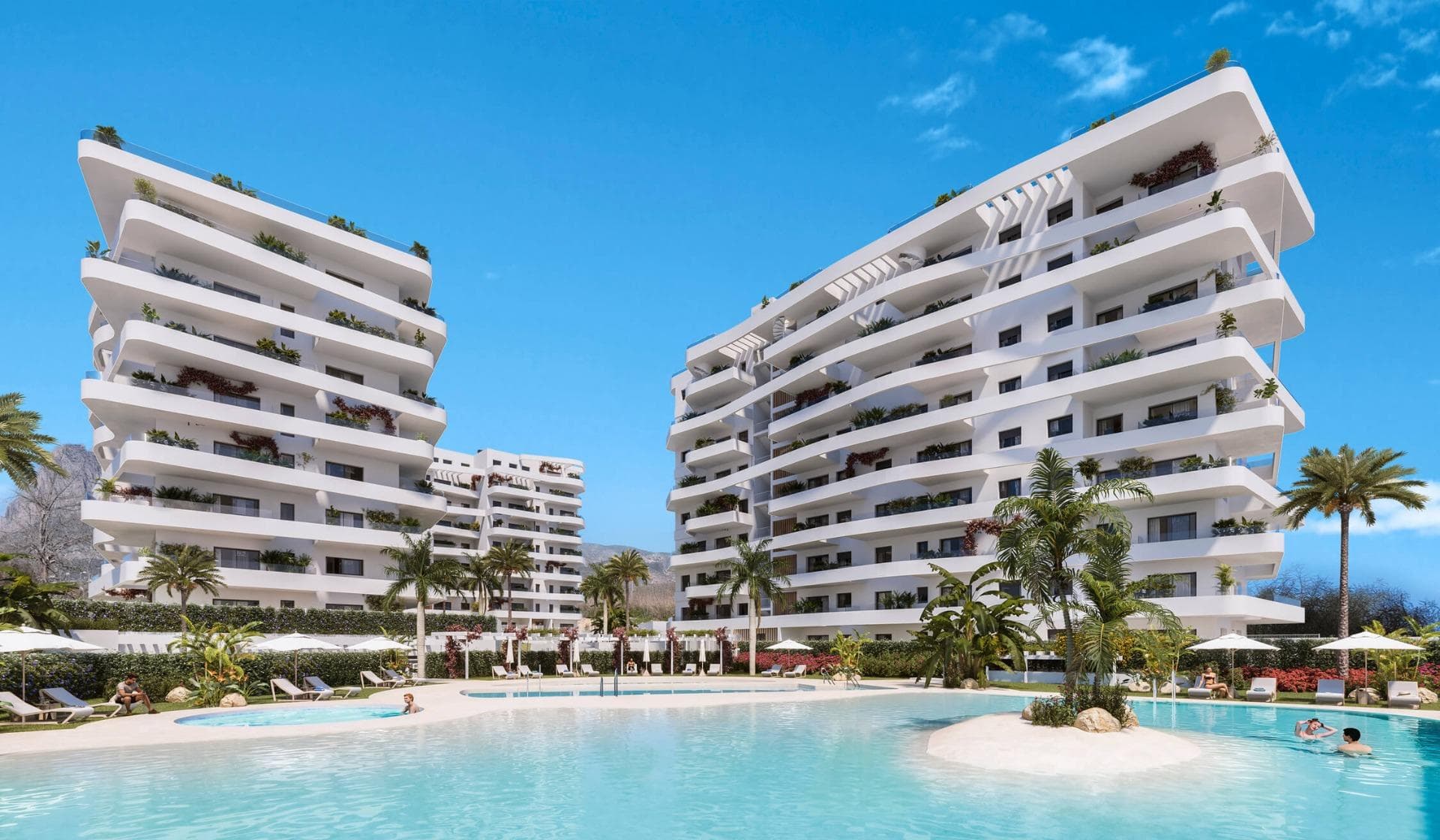 Luxury Resort in Villajoyosa – A Seaside ParadiseDiscover a Unique Residential Complex in Playa del TorresLocated less than a 5-minute walk from the serene Playa del Torres in Villajoyosa, this exclusive new development offers 164 modern apartments and penthouses with 1 to 3 bedrooms. Designed to provide the ultimate lifestyle, the community combines luxury, relaxation, and unparalleled amenities in a tranquil Mediterranean setting.Exceptional Amenities for All ResidentsThe heart of this development is the Roof Top, situated on the rooftop of Block 2. This thoughtfully designed space includes a stunning pool with panoramic views, Chill-out areas, a barbecue zone, a multi-use area, and a gazebo, perfect for socializing or unwinding.Indoor social lounge, ideal for gourmet dining with friends or as a coworking space.For water lovers, the complex features:Tropical-style pools with beach-style access.A heated swimming lane pool, a children’s pool, and a heated jacuzzi.Fitness enthusiasts can enjoy:Indoor and outdoor gyms, complete with a calisthenics circuit.A putting green and mini golf for leisure activities.Modern Homes with Premium FeaturesEach apartment is equipped with:A fully fitted kitchen with high-quality appliances, including a refrigerator, microwave, oven, dishwasher, and an integrated washer/dryer.Energy-efficient aerothermal systems for hot water and air conditioning.Radiant floor heating in bathrooms.High-quality PVC windows with thermal insulation and double glazing.Private parking and storage space for added convenience.The building boasts an A energy rating, ensuring maximum efficiency and sustainability.Perfect Location in VillajoyosaNestled in Playa del Torres, this complex offers a peaceful retreat surrounded by natural beauty. The beach’s crystal-clear waters and turquoise hues provide an idyllic backdrop for relaxation. The development is conveniently located:2 km from Villajoyosa’s charming town center.10 km from Benidorm, with its vibrant nightlife and shopping.30 minutes by car to Alicante Airport.Villajoyosa, known for its colorful houses and rich history, remains an authentic Mediterranean gem. Recently recognized as the “Best Secret Destination in Europe 2024” by European Best Destinations, this town blends tradition, natural beauty, and tranquility.Your Dream Home Awaits in Playa del TorresExperience the best of modern living in a natural paradise. With its prime location, luxurious amenities, and contemporary design, this development is perfect for those seeking a home by the sea. Contact us today to schedule a visit and make this stunning property yours!