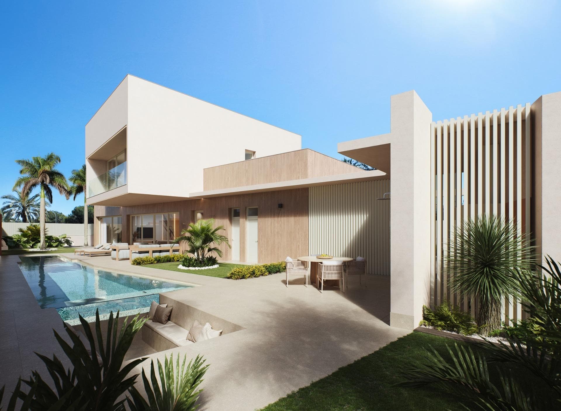 Luxury New Build Villas with Sea Views in Dehesa de Campoamor, Costa Blanca SouthExclusive Contemporary Villas Near the Beach in CampoamorDiscover a unique collection of just two luxury new build villas in the prestigious residential area of Dehesa de Campoamor, one of the most sought after locations on the Costa Blanca South. Designed for buyers who value privacy, space, and a true Mediterranean lifestyle, these exceptional homes combine elegant architecture, modern comfort, and beautiful sea views from the upper floor and rooftop solarium.Located only 850 metres from Playa de La Glea, the villas enjoy a privileged elevated position surrounded by nature, offering tranquility while remaining close to all essential amenities, golf courses, marinas, and shopping centres.Spacious Design and Premium Living SpacesSet on generous plots from 700 m², each villa offers approximately 245 m² of built area distributed over two levels plus a spectacular rooftop solarium. Buyers can choose between 3 or 4 bedrooms and 3 or 4 bathrooms, creating a home tailored to their lifestyle requirements.The layout has been carefully designed to maximise natural light and the connection between indoor and outdoor living. A luxurious master suite on the ground floor provides convenience and privacy, while additional bedrooms on the upper level enjoy open views and direct access to outdoor spaces.High Quality Specifications and Energy EfficiencyEvery detail has been selected to deliver comfort, efficiency, and contemporary style. Features include a fully equipped designer kitchen with Bosch appliances, ducted air conditioning, aerothermal hot water system, photovoltaic solar panels, LED lighting package, motorised blinds, and high performance exterior carpentry with thermal break technology.The villas also include a double parking area and a private enclosed garage within the plot.Private Outdoor OasisThe exterior spaces have been designed for year round enjoyment. Relax beside the private swimming pool with integrated jacuzzi, entertain guests in the summer kitchen, or unwind under the elegant pergola while enjoying the Mediterranean climate and sea breeze.Prime Location in Dehesa de CampoamorCampoamor is renowned for its exclusive atmosphere, natural beauty, and outstanding coastal lifestyle. Residents enjoy easy access to golden sandy beaches, protected natural parks, excellent restaurants, golf resorts, and leisure facilities.Distances to key points of interest:Playa de La Glea: 0.85 kmLas Ramblas Golf Course: 3 kmReal Club de Golf Campoamor: 4 kmZenia Boulevard Shopping Centre: 6 kmTorrevieja: 13 kmMurcia International Airport: 45 kmAlicante International Airport: 70 kmYour Dream Home on the Costa BlancaWith over 300 days of sunshine per year, outstanding specifications, sea views, and a prime location close to the beach, these exclusive villas represent an exceptional opportunity as a permanent residence, luxury holiday home, or investment property.Contact us today for more information or to arrange a private viewing of these spectacular new build villas in Dehesa de Campoamor.