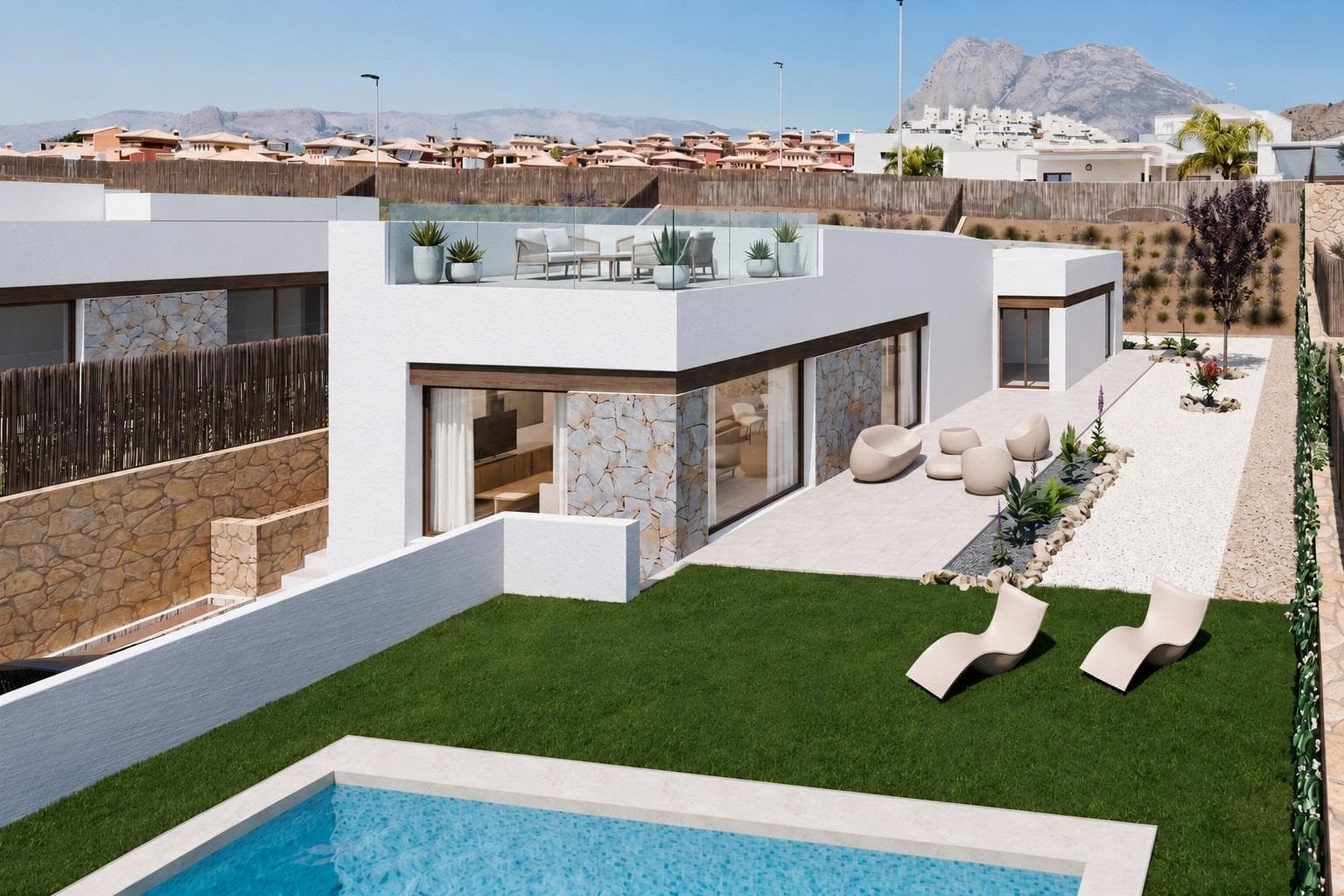 Villas contemporáneas exclusivas con vistas panorámicas en Balcón de Finestrat, Costa Blanca NorteColección exclusiva de villas de lujo de nueva construcción en FinestratDescubra una promoción exclusiva de tan solo cinco villas contemporáneas situadas en la codiciada zona residencial de Balcón de Finestrat, uno de los emplazamientos más deseados de la Costa Blanca Norte. Rodeadas de belleza natural y situadas en una posición elevada para capturar unas espectaculares vistas panorámicas del monte Puig Campana y la costa mediterránea, estas viviendas ofrecen la combinación perfecta de privacidad, diseño moderno y comodidad.Situada a solo 5 km de las playas de Finestrat y Benidorm, esta urbanización boutique ofrece un entorno tranquilo sin dejar de estar cerca de todos los servicios esenciales, instalaciones de ocio, centros comerciales y opciones de entretenimiento.Arquitectura moderna diseñada para la vida mediterráneaEl proyecto ofrece dos modelos de villas cuidadosamente diseñados, ambos creados para maximizar la luz natural, la amplitud y la conexión entre la vida interior y exterior.Las villas de dos plantas cuentan con 3 dormitorios y 2 baños, con luminosas zonas de estar diáfanas y una gran terraza en la primera planta que ofrece unas vistas impresionantes del paisaje circundante. Se ofrece la posibilidad de construir un sótano opcional, que proporciona espacio adicional para un gimnasio, un cine en casa, alojamiento para invitados o una zona de ocio.Las villas de una sola planta ofrecen 3 dormitorios y 2 baños en una sola planta, ideales para una vida cotidiana cómoda. Estas viviendas incluyen un impresionante solárium privado en la azotea de 115 m² donde los propietarios pueden disfrutar del clima mediterráneo durante todo el año.Características y especificaciones de alta calidadCada villa ha sido diseñada pensando en la calidad, la comodidad y la funcionalidad. Las características incluyen:• Piscina privada y jardín ajardinado• Cocina totalmente amueblada y equipada• Paquete de iluminación LED para zonas interiores y exteriores• Preinstalación para aire acondicionado por conductos• Puerta de entrada de seguridad reforzada• Construidas con materiales modernos y acabados contemporáneos• Parcela privada con excelentes espacios al aire libreUbicación privilegiada cerca de playas, campos de golf y serviciosBalcon de Finestrat se ha convertido en una de las zonas residenciales de más rápido crecimiento de la Costa Blanca gracias a su entorno tranquilo, sus impresionantes vistas y sus excelentes conexiones. Los residentes disfrutan de un fácil acceso a playas, campos de golf, centros comerciales y servicios internacionales.Distancias a los principales puntos de interés:• Campo de golf Alfarella: a poca distancia a pie• Puig Campana Golf: 4 km• Playa de Finestrat: 5 km• Centro de Benidorm: 6 km• Centro comercial La Marina: 4 km• Villajoyosa: 12 km• Aeropuerto Internacional de Alicante: 55 km• Centro de Alicante: 45 km• Hospital Marina Baixa: 7 kmUna inversión excepcional en la Costa BlancaTanto si busca una residencia permanente, una vivienda vacacional o una propiedad de inversión con gran potencial, estas exclusivas villas ofrecen una oportunidad excepcional en una de las zonas más atractivas de la Costa Blanca Norte. Combinando arquitectura contemporánea, espacios exteriores privados, vistas impresionantes y una ubicación excelente, estas viviendas están diseñadas para disfrutar del mejor estilo de vida mediterráneo.Póngase en contacto con nosotros hoy mismo para obtener más información o concertar una visita a la vivienda piloto y asegurarse su plaza en esta nueva y exclusiva promoción en Balcón de Finestrat.