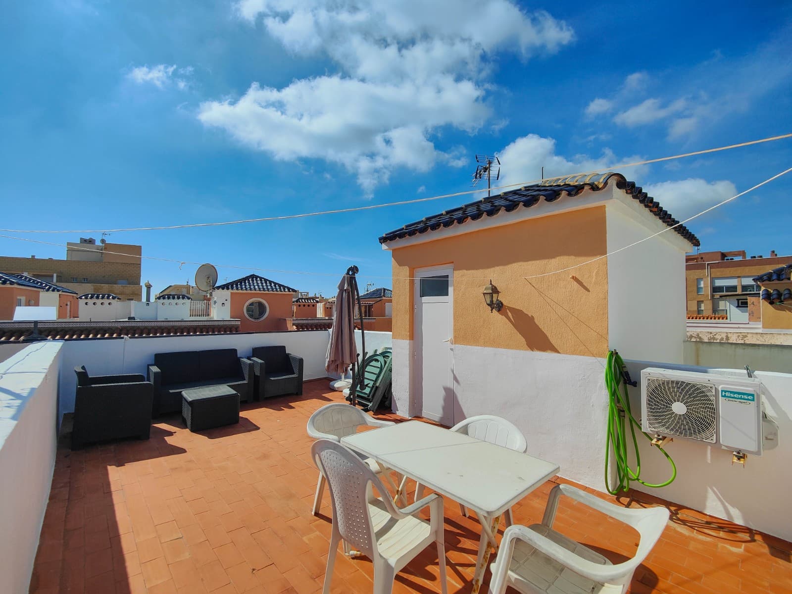 Immaculate duplex penthouse with private solarium for sale in La Mata, Torrevieja, just 200 metres from the beach and the seafront promenade. A fantastic opportunity to own a property near the sea in one of the most sought-after areas of the Southern Costa Blanca.This beautiful property is located in a private residential complex with landscaped gardens, decorative fountains and a communal swimming pool, offering a peaceful environment only a short walk from La Mata Beach, one of the best beaches in Torrevieja, and just a few minutes' walk from the central square of La Mata, with restaurants, shops and all amenities.The property offers a large living space, a good size terrace and an impressive private solarium of approximately 30 m², perfect for enjoying the Mediterranean sunshine all year round. Thanks to its south orientation, the apartment is very bright and ideal both as a permanent residence, holiday home or property investment in Torrevieja.The penthouse is in excellent condition and ready to move in. Features include new double-glazed windows, air conditioning in all rooms, a ceiling fan in the master bedroom and televisions in the bedrooms. It is sold fully furnished, including appliances, garden furniture and a brand-new parasol on the solariumIt's distributed over three levels:Main floorSpacious south-facing terrace with sea view, ideal for enjoying sunshine throughout the dayBright living and dining room with direct access to the terraceFully equipped open-plan kitchen with pantryRenovated full bathroomFirst floorTwo bedrooms with built-in wardrobesFull bathroomTop floor – SolariumLarge private solarium of approximately 30 m² with sea view, the ideal space for relaxing, sunbathing or outdoor dining.A great opportunity to buy a penthouse near the beach in La Mata, Torrevieja.
