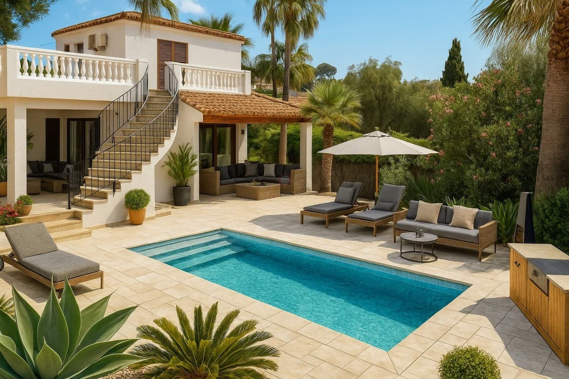 Presentamos en la Costa Blanca de Alicante una villa con vistas al mar en Moraira. Esta casa cuenta con 3 dormitorios, 3 baños, 2 cocinas, piscina, jardín y terraza cubierta. Para los días fríos, dispone de calefacción central y chimenea. Además, incluye un garaje doble y un amplio trastero. ¡A un paso del magnífico San Jaime!