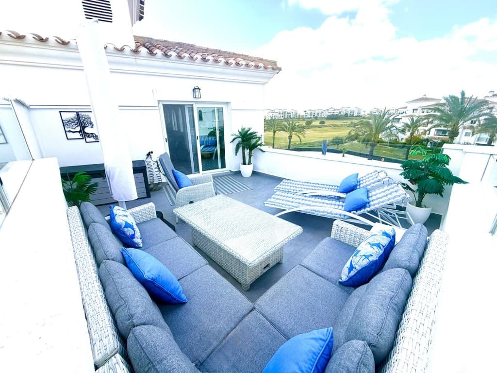 Luxury South West facing 2 Bedroom 2 Bathroom Penthouse Apartment. Luxury South West Facing Penthouse in Hacienda Riquelme Golf ResortSet within the prestigious Hacienda Riquelme Golf Course gated community with 24-hour security, this exceptional, fully upgraded 2-bedroom, 2-bathroom penthouse offers refined living with breathtaking panoramic views over the golf course, communal pool, and beautifully landscaped gardens.Designed to maximise light and space, the bright open-plan living and dining area features contemporary lighting, new air conditioning, radiators, and expansive sliding glass doors that lead seamlessly onto a spectacular private terrace. Finished with elegant high-quality grey tiling and stylish outdoor furnishings, this impressive space is perfect for alfresco dining, entertaining guests, or simply relaxing in the sun while enjoying the stunning surroundings.The sleek, modern open-plan kitchen has been upgraded with quality appliances, offering both sophistication and practicality.Both bathrooms have been exquisitely modernised to a high specification, featuring walk-in showers, designer vanity units, mirrors, and WCs, with the master benefiting from a luxurious en-suite.The spacious master suite is beautifully appointed with air conditioning, a ceiling fan with integrated lighting, radiator, and direct access via double doors to a private front balcony—an idyllic setting for morning coffee with serene garden views.The guest bedroom is equally well presented, complete with fitted sliding wardrobes, air conditioning, ceiling fan, radiator, and its own access to the balcony, perfectly suited for guests or family.Fully furnished, key-ready home—just bring your suitcase.Additional features include an underground allocated parking space with remote-controlled access and private storage unit.Ideally located just a short stroll from the on-site restaurant, supermarket, and café, and only 5 minutes from the charming village of Sucina with its wide range of amenities. The property is also just 20 minutes from Corvera Airport and perfectly positioned to explore the Costa Cálida, including the historic cities of Murcia and Cartagena, and the beautiful beaches of the Mar Menor.A truly outstanding penthouse offering luxury, comfort, and an enviable lifestyle in one of the region’s most sought-after golf resorts.