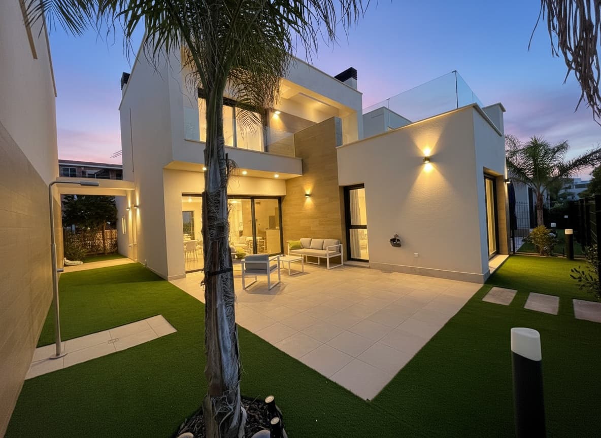 This beautifully designed villa features its own private driveway with convenient parking. There is the option to install a jacuzzi or swimming pool, allowing you to create a private outdoor relaxation area.The terrace adjoining the living room has been carefully designed to offer a peaceful, secluded space for relaxation. The villas themselves have been conceived with comfort, tranquillity and privacy in mind.Ideally located, the property is just a two-minute walk from the impressive lagoon and beach areas within Santa Rosalía Lake and Life Resort. The charming town of Los Alcázares and the beaches of the Mar Menor are only a five-minute drive away, offering a variety of popular Spanish restaurants such as Tropical and Encarnación.Inside, the home impresses with a wonderful sense of space and natural light – the dining area benefits from a double-height ceiling, while the lounge opens through large patio doors onto the terrace and garden. The modern kitchen includes a generous island with a breakfast bar and high-quality appliances. On this level there is also a practical utility room with a boiler and washing machine.The ground floor features a double bedroom with an en-suite bathroom and direct access to the garden, a second double bedroom with patio doors leading to the rear terrace, and a stylish family bathroom. The hallway also includes a useful built-in wardrobe providing additional storage space.Upstairs, the master bedroom offers a walk-in wardrobe, an en-suite bathroom and its own private terrace. From this floor there is access to a spacious south-facing terrace, shared between the master suite and the hallway.The villa is equipped with a solar installation for domestic hot water and 5 kW photovoltaic panels, significantly reducing energy costs. The Airzone system allows independent temperature control in each room – for both heating and cooling – ensuring year-round comfort.The kitchen features an elegant island finished with premium Porcelanosa – Krion worktop, made of a modern, durable and hygienic material inspired by natural stone. This worktop was added as an additional feature at the owners’ request.The interior has been carefully arranged with attention to material consistency and fine details. Wall-mounted lights in the bedrooms and the living-room pendant lamp were added at the owners’ request, reflecting a modern Spanish style with a subtly raw, stone-inspired character – resulting in a balanced and elegant atmosphere throughout.The property is sold fully furnished, has an A-class energy rating, Airzone climate control, an outdoor shower in the garden, and the option for quick completion – with no need to wait for a new construction phase.