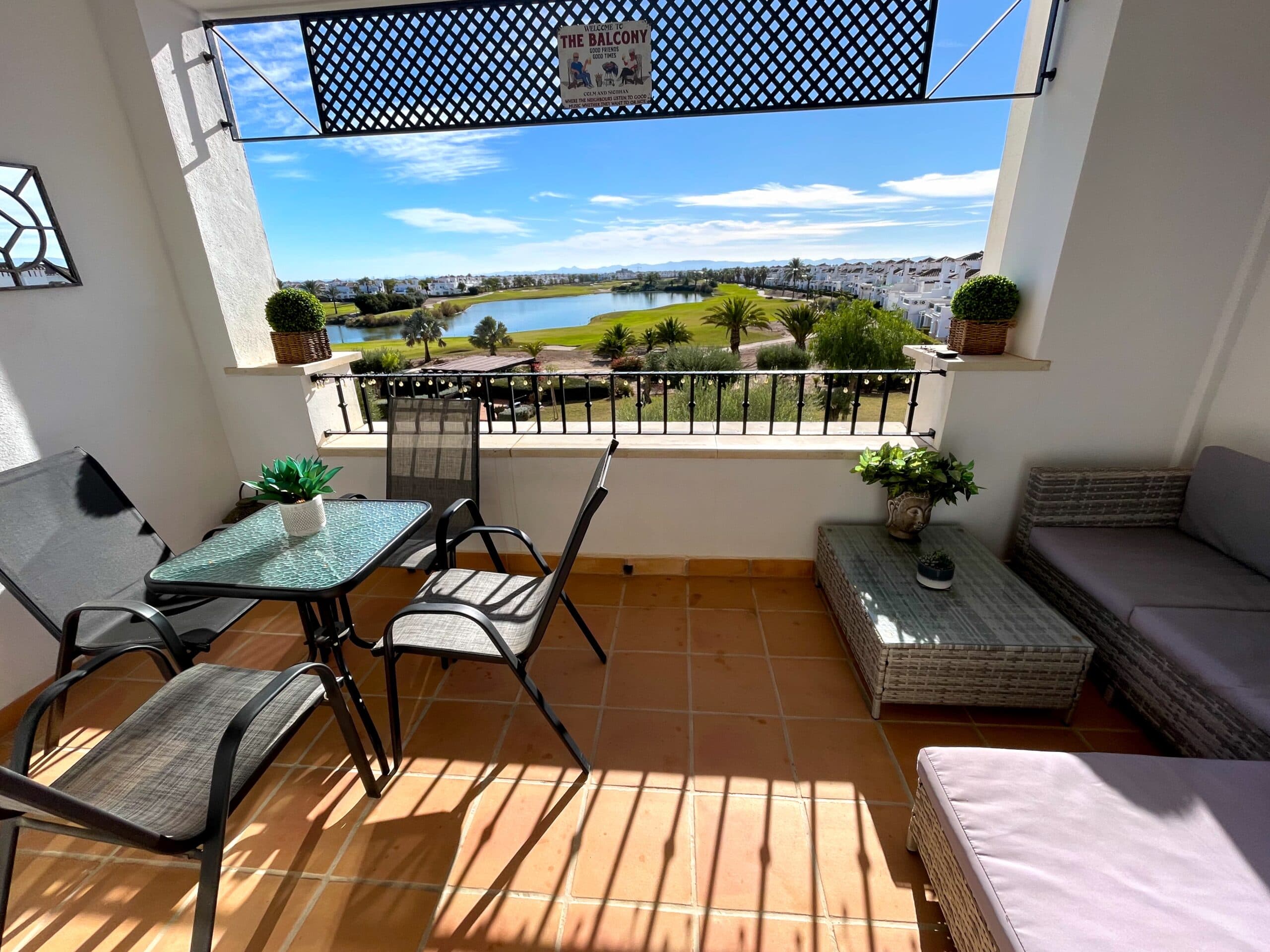 WOW WOW WOW what a view this sunny SOUTH facing two bedroom one bathroom apartment has, arguably one of the best views on La Torre Golf Resort. La Torre Golf Resort is just a 15 minute drive to the beach, Murcia airport and Murcia city. There are an array of bars and restaurants, onsite supermarket, Tennis, Padel, multisports area, kids play parks and in the summer there is a great night market and bands playing in the square.On entering this beautiful apartment you are struck by how bright and airy it is as there is not only large patio doors leading to the terrace but also an extra window.  The terrace is south facing so bathed in sunshine and has the most amazing views over the golf and lake which glistens in the sunlight. The lounge is a good size and has a new upgraded AC unit. The kitchen has a tilt and turn window and can easily be made open plan if you wished. There are two double bedrooms with fitted wardrobes and remote controlled ceiling fans and both bedrooms has juliet balconies with views to the countryside and mountains. The family bathroom is a good size and has a bathtub. This property comes furnished and has gas central heating, underground parking and lift access to all floors.Contact us to arrange to view, we would love to hear from you.