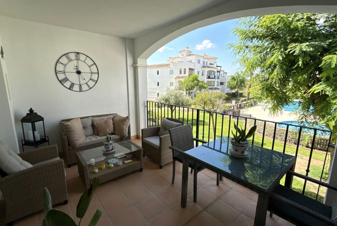 2-Bed Apartment with Pool & Golf Views at Hacienda Riquelme Golf Resort – Only €129,950Your perfect Spanish escape awaits!Experience resort living in this bright and spacious 2-bedroom apartment at the highly sought-after Hacienda Riquelme Golf Resort. Enjoy breathtaking golf course and pool views from your private terrace, all just 20 minutes from Murcia airport and the Mediterranean’s best beaches.Key Features:Two double bedrooms with built-in wardrobesOpen-plan living and dining area filled with natural lightModern kitchen and stylish bathroomLarge private terrace with stunning pool and golf viewsSecure, gated community with 24-hour securityResort facilities: multiple swimming pools, tennis courts, playgrounds, on-site restaurant & barWhy Choose This Apartment?Fantastic location – Walk to resort amenities, short drive to supermarkets, bars, and restaurantsIdeal for holidays, investment, or all-year livingExcellent value – Priced at just €129,950Extra Benefits for International Buyers:Full legal support and buying guidanceMortgage assistance availableProperty management and rental services via our sister companyDon’t miss this opportunity to own a golf property in Murcia at a fantastic price!Contact usctoday to arrange a viewing or request more information.