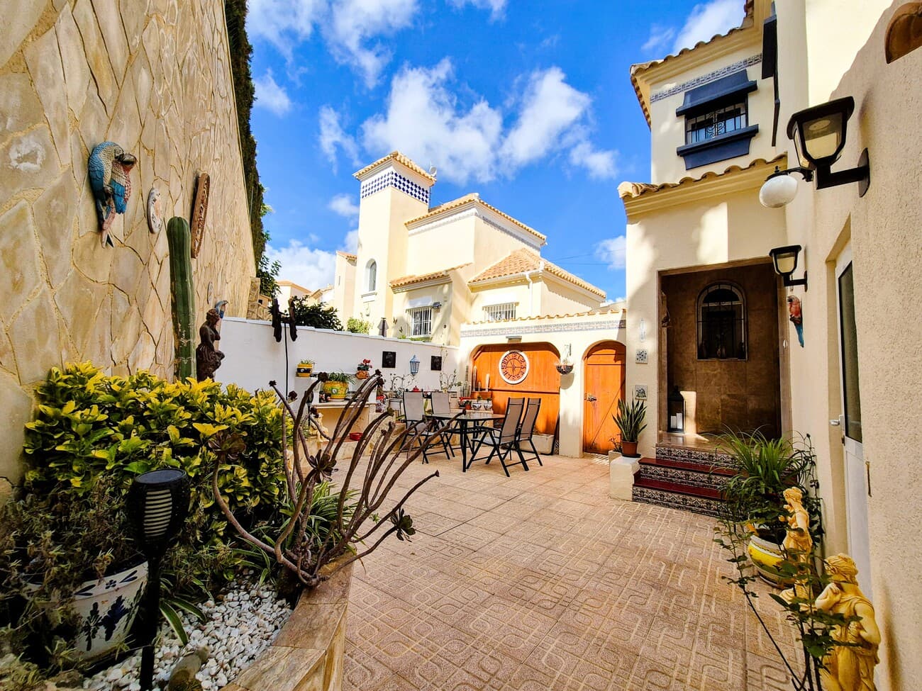   We present this Stunning 3 Bedroom, 2 Bathroom, DETACHED VILLA - Situated in El Galan.Fantastic Location & Facilities ( Walking distance) Just 5 mins from Local Bars & Restaurants - 20 mins to Villamartin or the La Fuente Commercial Centre - 15 mins to Mercadona - Aldi5 mins walk to the Bus Stops that take you to Villarmartin/La Zenia & Beaches in one direction, or down to La Fuente, Cabo Roig & Beaches in the other!8 Mins Drive to the stunning Costa Blanca Beaches! - 10 Mins Drive to La Zenia Boulevard  - 50 Mins to Alicante/Murcia Airports. Villa - ExternallyLocated in a quiet, Residents only side road, you will find at the very end, this uniquely styled villa.At the front off the lounge area, there is a Terrace, to have your morning coffee, overlooking the front garden.The side consists of a Car port, parking for 2 cars, then stepping back through the side Gated area, you enter a Court yard, which leads into the rear garden, which currently houses a Jacuzzi. For anyone wishing to have a pool, there is plenty of space to build one.  Villa - InternallyAs you enter the Villa, through the rear entrance, you have a small storage cupbard and rooms leading off and stairs to the 2nd floor.To the left, is a Shower room,  newly fitted to a high specification and Double Bedroom with Fitted wardrobes.As you enter the Lounge, you're greeted by a Luxury fitted Kitchen with unique marble worktops, no expense has been spared on this Villa.The decorating has been done to a high standard, as have fittings.The Lounge area and many other rooms, have unique fitted Coving to the ceilings, adding additional character and class.There is a Dinning room leading off the lounge and to the front of the lounge, are large doors to a Terrace area.  1st FloorHere you will find the 2nd Shower Room, newly fitted to a high specification.The first floor has 2 Double Bedrooms, both with fitted wardrobes, both rooms lead to a Terrace area. Roof SolariumThe Bedrooms Terrace has a Spiral Staircase, which leads to a nice sized Roof Solarium, ideal for enjoying that 320 days of Glorious sunshine! Other informationThe Villa is fitted with individual Air Conditioning & Ceiling FansThis Villa is not within a community, so no fees applicable.IBI €530 per year.The Villa can be left part furnished and some white goods may remain (All to be discussed with the owners)  Contact us now to view!  