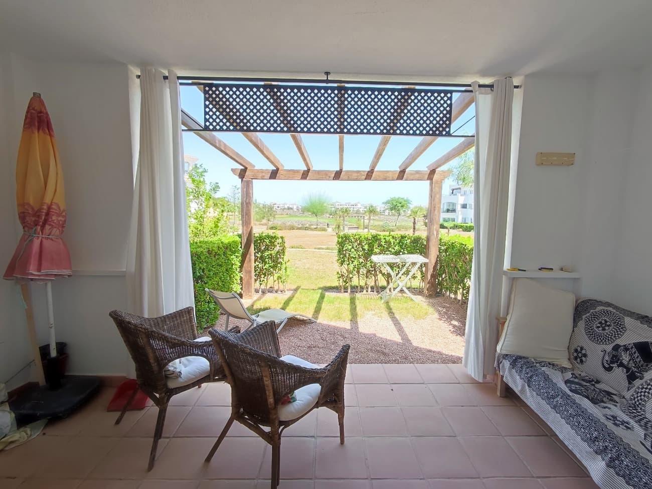 This garden apartment is South East facing and has great views, plenty of natural light and built to a very high standard . The main door of the apartment enters into a bright and airy living/dining room featuring storage units, sofas, coffee table and dining table and chairs, air-conditioning and heating. The living room has patio doors to lead to a terrace area and garden with garden and golf views, perfect location for morning sunshine. The main bedroom features a double bed and bedside tables, fitted wardrobe, ceiling fans and heating. The bathroom has a bathtub, vanity unit, wc and bidet. The second bedroom is a twin room comes with fitted wardrobes, ceiling fans and heating. The kitchen has fitted kitchen units, oven, hob, extractor, fridge freezer and washing machine. This apartment comes fully furnished, with underground parking in a resort with WIFI, satellite TV, gardens, pools, sports facilities, restaurant & supermarket, situated close to the village of Sucina and just 15 minutes drive to the airport and to the coast.