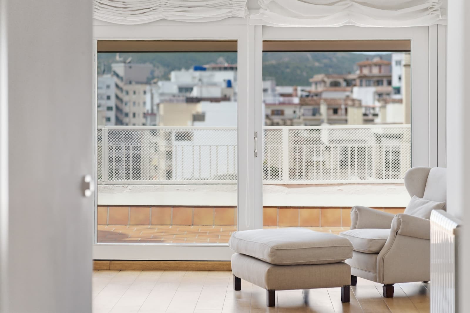 Unique Double Penthouse with Exceptional Potential, Expansive Terraces and Prime Central Palma LocationPerfectly positioned between Plaza España and Plaza Patines – in one of Palma’s most attractive and central locations – this is a rare opportunity to acquire two penthouse apartments being sold together, offering the flexibility to either maintain them as two independent residences or reconnect them into one impressive duplex home across two levels.The location offers the perfect combination of peaceful surroundings while still being just moments away from Palma’s vibrant restaurants, cafés, shopping streets and charming plazas.The property offers approximately 144 m² of interior living space together with an impressive 76 m² of terraces, filled with natural light, open green views and outstanding renovation potential for the right buyer.The building forms part of a well-maintained and professionally managed community, creating a secure and attractive environment for both permanent living and investment.7th Floor – The Main ResidenceThe main apartment welcomes you through a spacious entrance hall leading towards both the bright living area and the kitchen section. The living room is exceptionally light-filled thanks to the large Climalit sliding doors opening onto the impressive terrace overlooking the green park area.The terrace offers generous space for outdoor dining, lounge areas and relaxed Mediterranean living in private surroundings.From the living room there is direct access to the kitchen, which could easily be opened up to create a stunning open-plan kitchen and living area. Adjacent to the kitchen is a practical utility/laundry area together with additional storage space.The apartment currently offers two bedrooms, one of which is a spacious master suite with en-suite bathroom and walk-in wardrobe. The second bedroom has previously been opened up but can easily be converted back into a separate bedroom if desired.This level also includes an additional bright bathroom as well as an internal staircase leading to the upper floor, where the connection to the penthouse apartment can easily be reopened.The bathrooms feature a timeless light design and, despite their age, remain stylish and fully functional. Air conditioning units are installed throughout all rooms.8th Floor – Separate Penthouse Apartment with Beautiful Terrace AreasThe upper floor currently functions as an independent penthouse apartment featuring a newly installed kitchen and renovated bathroom, offering excellent flexibility in terms of use.The apartment can either remain as a separate guest apartment, teenage suite or investment unit, or be fully integrated into the main residence to create a spectacular duplex penthouse.This level offers a smaller living room, two bedrooms and several wonderful terraces. Both the living room and the two bedrooms enjoy direct access to bright outdoor areas with a lovely atmosphere and excellent privacy.The kitchen area also has access to a bright exterior utility/laundry space.An Exceptional BonusAs the top-floor residence of the building, the property also enjoys easy access to the enormous communal rooftop terraces, which are rarely used by the community. From here, one can enjoy breathtaking 360-degree panoramic views across Palma – including views of the iconic cathedral.A truly rare luxury in the heart of the city.The property is sold including a large private parking space with room for two cars.