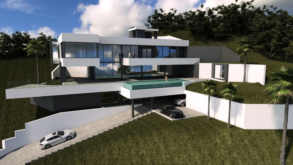 LOS ALTOS DE LOS MONTEROS Parcela con vistas despejadas al mar junto con atractivo proyecto para chalet de 4 plantas, la licencia de obras esta en tramitacion y lista para escriturar. Se incluye la licencia de obras. El proyecto de construcción dispone de 5 plazas de aparcamiento, 3 en garaje y 2 plazas de aparcamiento para visitantes con vistas al mar. En el sótano tenemos una gran sauna panorámica (vistas al mar), gimnasio y baño turco. Gran trastero, lavadero y escalera que comunica las 4 plantas y ascensor. En la planta baja amplio salón con chimenea de doble altura y led, cocina con isla americana, gran despensa, baño de invitados y despacho. En la primera planta 4 dormitorios cada uno con baño, la habitación principal con vestidor y bañera con vistas al mar. armarios empotrados en el pasillo. En la planta superior hay una gran parcela donde se puede colocar barbacoa e instalaciones de descanso. Tiene 3 jardines, cada uno puede ser tematizado.