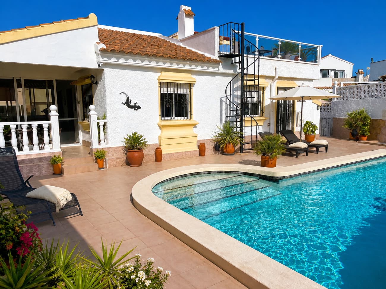 Fantastic 2‑bed, 2.5 bath villa with private pool and hot tub on CamposolThis delightful, detached villa offers a superb blend of comfort, style, and year‑round practicality. Set in a peaceful area of Camposol, it’s an ideal choice for full‑time living, holiday escapes, or a strong rental investment.Inside, the home features a front glazed conservatory, two generous bedrooms and two well‑appointed bathrooms, along with a bright, welcoming lounge and a fully fitted kitchen. The living area is enhanced by a feature fireplace, central heating, and air‑conditioning, ensuring a cosy, comfortable environment in every season.Step outside and the lifestyle appeal really shines. A private swimming pool and outside bathroom, sun‑soaked terraces, and low‑maintenance gardens create the perfect setting for relaxing, entertaining, or enjoying the warm Murcian climate. Whether dining al fresco or unwinding by the pool or the hot tub on the solarium, this villa delivers the outdoor living experience Camposol is known for.The location adds even more value. Camposol benefits from a wide range of on‑site amenities including supermarkets, bars, restaurants, a medical centre, and an 18‑hole golf course. The beautiful beaches of Mazarron Bay are just a short drive away, offering crystal‑clear waters, marinas, and long sandy stretches perfect for days out.Travel connections are excellent too. Corvera (Murcia International Airport) is approximately 25 minutes away, providing convenient access to UK and European destinations. Alicante Airport is around 1 hour 10 minutes, offering an even wider choice of international flights.With its excellent layout, modern comforts, private pool, hot tub and superb access to both local amenities and airports, this villa represents a fantastic opportunity in a highly sought‑after area.  Viewing is highly recommended!