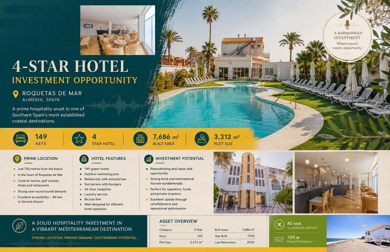 4-Star Hotel | 149 Rooms | Roquetas de Mar, Almería, SpainExcepcional opportunity to acquire a well-positioned 4-star hotel asset in one of Southern Spain’s most established and resilient tourist destinations.Located in the heart of Roquetas de Mar’s tourism district and just 700 metres from the beach, this hotel offers investors and operators the opportunity to secure a substantial hospitality asset with significant repositioning and value-enhancement potential in a market that continues to attract both domestic and international visitors year-round.Benefiting from its strategic location within easy reach of the town’s marina, seafront promenade, commercial areas, restaurants and leisure facilities, the property is ideally positioned to capitalise on the strong tourism fundamentals of the Costa de Almería.Prime LocationRoquetas de Mar is recognised as one of Andalusia’s leading coastal destinations, renowned for its year-round sunshine, extensive beaches, golf facilities, modern tourism infrastructure and growing international appeal.The hotel is conveniently situated close to key attractions including Santa Ana Castle, Roquetas Lighthouse, the marina and a wide range of retail, dining and entertainment options.Its location supports a diversified customer base encompassing leisure travellers, families, senior tourism, sports tourism and extended-stay visitors, providing a solid platform for long-term operational performance.Asset Overview•          4-Star Hotel•          149 guest rooms•          Plot size: 3,312 sqm•          Built area: 7,686 sqm•          Originally opened in 1992•          Last major refurbishment completed in 2002•          Efficient operational layout designed for hotel use•          Established position within a mature and recognised tourism destinationFacilities & AmenitiesThe property benefits from a comprehensive range of guest facilities, including:•          Outdoor freshwater swimming pool•          Spacious sun terrace with loungers and parasols•          Buffet restaurant•          Café and lounge area•          Poolside snack bar•          24-hour reception•          Laundry facilities•          Bicycle hire service•          Attractive communal leisure spacesGuest accommodation includes:•          En-suite bathrooms•          Air conditioning•          Satellite television•          Telephone•          Mini fridge•          Hairdryer•          In-room safeValue-Add and Repositioning PotentialThis acquisition represents an attractive opportunity for investors seeking to unlock additional value through refurbishment, modernisation and repositioning strategies.The combination of a sizeable room inventory, established location and existing hospitality infrastructure provides a strong foundation for asset enhancement, operational optimisation and long-term capital appreciation.Potential opportunities may include:•          Comprehensive refurbishment and upgrading programme•          Rebranding under an international or regional operator•          Conversion towards lifestyle, family or adults-only concepts•          Enhancement of food and beverage offerings•          Revenue optimisation through modern distribution channels and operational efficienciesInvestment Highlights•          Established 4-star hospitality asset•          Prime location within a leading Mediterranean resort destination•          Walking distance to the beach•          Strong tourism fundamentals and year-round appeal•          Significant repositioning and value-creation potential•          Attractive opportunity for hotel operators, investment funds, family offices and hospitality groups•          Located within one of Spain’s most resilient leisure tourism marketsThe OpportunityAs tourism across Southern Spain continues to demonstrate robust growth and investor demand for quality hospitality assets remains strong, opportunities of this scale and location are becoming increasingly scarce.This hotel presents a compelling investment proposition, combining an established operational platform with significant upside potential in a destination that continues to strengthen its position within the European leisure travel market.