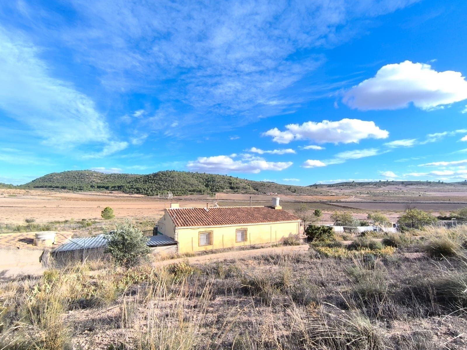 Encantadora casa de campo con vistas a la montaña en Yecla Enclavada en plena naturaleza y a tan solo 7 km del encantador pueblo de Yecla, esta casa rural ofrece un remanso de paz rodeado de impresionantes paisajes montañosos. Ubicada en una generosa parcela de 12.800 m², con aproximadamente 2.000 m² vallados, la propiedad le invita a disfrutar de la paz y la privacidad de la vida rural con todo lo esencial a su disposición. ¡Sin vecinos! La casa cuenta con 2 dormitorios, un baño y 2 comedores, uno de ellos con chimenea rústica. Una amplia terraza y una zona de barbacoa integrada crean el ambiente perfecto para comer al aire libre y relajarse al aire libre. También dispone de dependencias: una cochera, un cobertizo para herramientas y un baño exterior junto a la piscina. Diseñada para una vida sin conexión a la red eléctrica, la propiedad incluye una piscina de 30.000 litros con filtro, un sistema de energía solar (con 2 kW instalados) y varios tanques de agua para cubrir todas las necesidades del hogar. Aunque no está conectada a la red eléctrica ni a la red de riego, está equipada para un estilo de vida autosuficiente. La propiedad se encuentra al pie de una hermosa montaña. Rodeada de huertos, viñedos, colinas ondulantes y cielos abiertos, a solo 5 minutos en coche del pueblo, con una amplia parcela, fácil acceso y un entorno tranquilo, esta propiedad es ideal para amantes de la naturaleza y los animales (especialmente adaptada para perros y caballos), senderistas, familias jóvenes y atrevidas, o para cualquiera que busque un ritmo de vida más tranquilo en un entorno verdaderamente hermoso. Sobre la zona: Yecla es un encantador e histórico pueblo de aproximadamente 35.000 habitantes, situado en la Región de Murcia. Es famoso por sus vinos galardonados, sus monumentos históricos y su vibrante cultura local. Los paisajes naturales que lo rodean, con pintorescas montañas, viñedos y almendros, ofrecen la oportunidad de practicar actividades al aire libre, mientras que el pueblo cuenta con todos los servicios necesarios, como hospital, escuelas, tiendas, restaurantes y otros. Con una comunidad local amable, mercados animados, excelente gastronomía y fácil acceso a la naturaleza, Yecla es un lugar ideal para quienes buscan el auténtico estilo de vida español, a solo una hora de la costa y del aeropuerto de Alicante. Sobre nosotros: Disponemos de una amplia cartera de propiedades en la Costa Blanca y la Costa Cálida, especializándonos en fincas, villas, fincas, terrenos edificables y opciones de diseño y construcción en las regiones de Alicante y Murcia, con especial énfasis en Elda, Monóvar, Pinoso, Sax, Villena, Aspe, Fortuna, Albacete y muchas otras zonas de los alrededores. Llevamos establecidos desde 2004 y nuestro equipo cuenta con décadas de experiencia para ayudarle a encontrar y asegurar la casa de sus sueños. Le acompañamos en cada paso del proceso para garantizar que su compra en España sea segura y sin complicaciones. No estamos aquí para venderle una propiedad, sino para ayudarle a hacer realidad su sueño y encontrar la propiedad perfecta para usted. Con nosotros, está en las mejores manos. Contáctenos ahora para hablar sin compromiso sobre cómo usted también puede hacer realidad sus sueños.