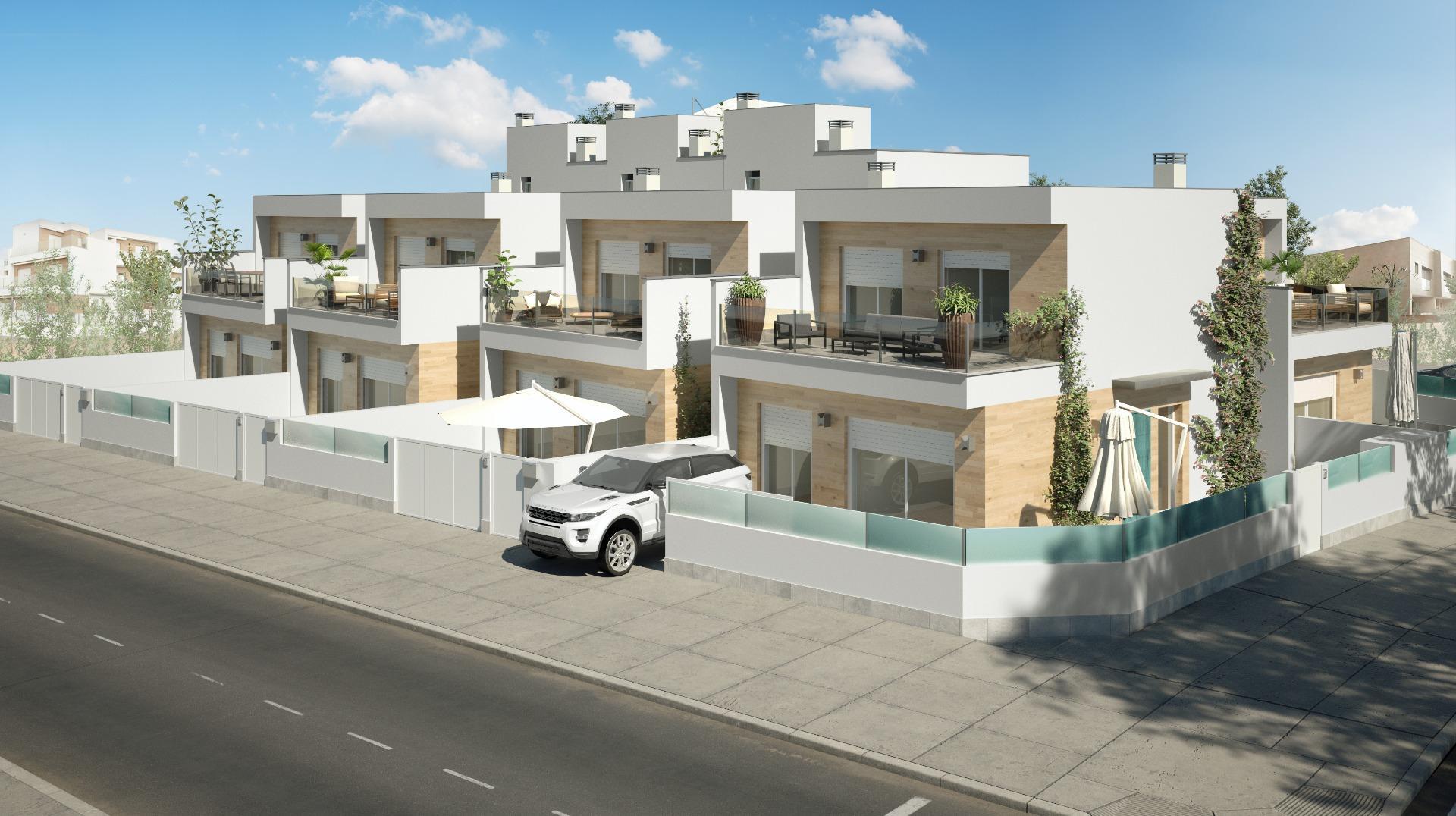 NEW BUILD VILLAS IN SAN PEDRO DEL PINATAR

New build development of 8 independent villas and semi-detached villas in San Pedro Pinatar, all with private swimming pool, terrace and parking space within the plot.

Each property has 3 bedrooms and 2 complete bathrooms, open plan kitchen with spacious living room, fitted wardrobes.

San Pedro del Pinatar's privileged location on the Mar Menor and Mediterranean coastline it attracts those with an interest in sailing and water sports, providing marina mooring and sailing clubs, while the beaches and natural mud baths attract those seeking safe sun, sea and sand.

San Pedro del Pinatar has an established community and offers an excellent range of activities, including covered swimming pool and sports facilities, as well as a year
round programme of social activities by the pleasant winter weather. The benefits of the mud baths, typical of the region, or the calm waters of the Mar Menor, have favoured the growth of Lo Pagán, wich currently has all kind of amenities. In addition, it has an excellent location, just 5 minutes from the Comercial Center Dos Mares.